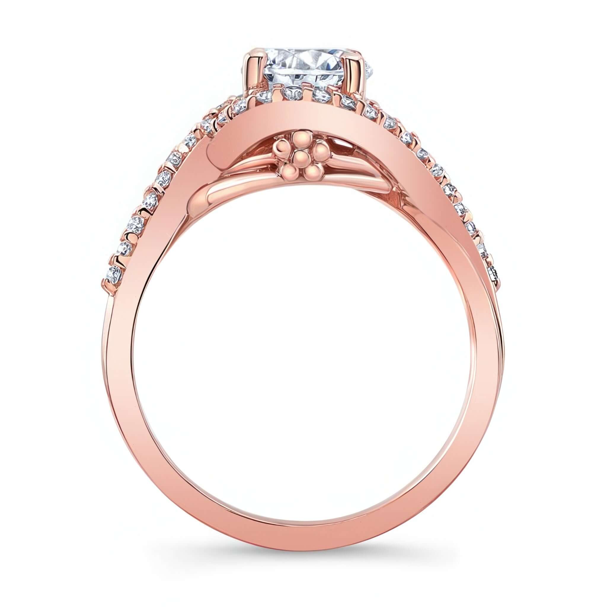 Twisted Halo Engagement Ring with a round center diamond and entwined shoulders featuring a flower pattern.