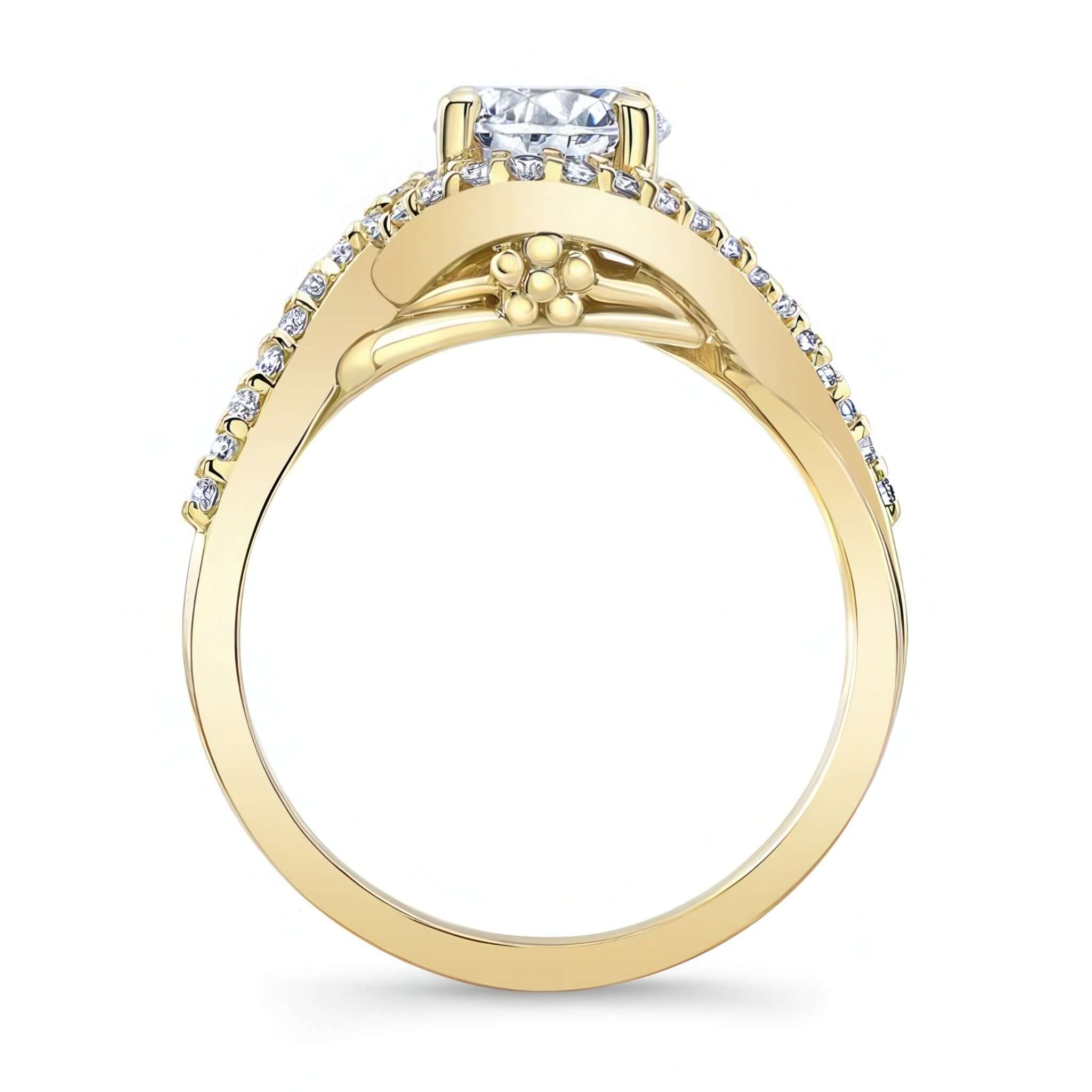 Twisted Halo Engagement Ring showcasing a round center stone and entwined shoulders with a flower pattern.