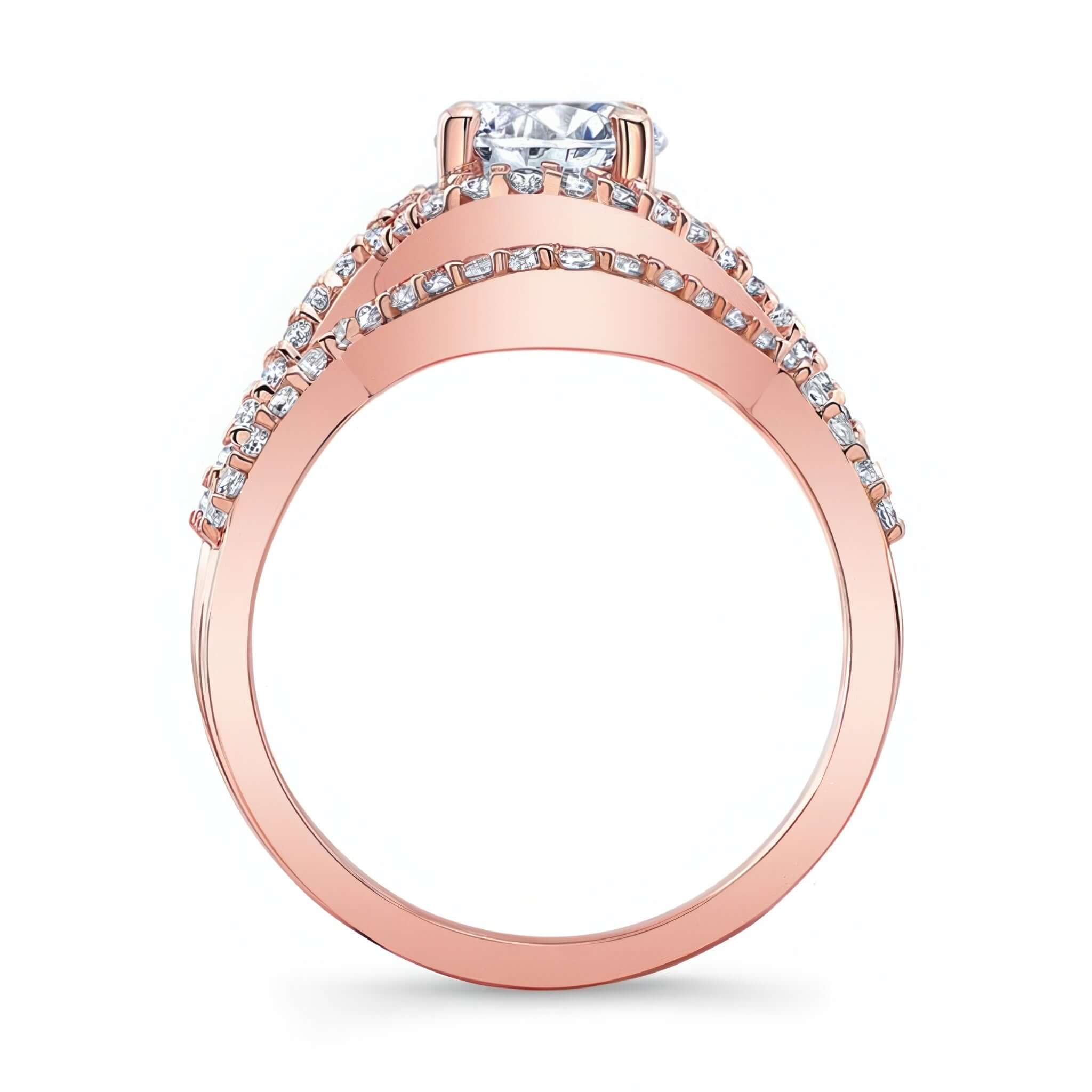 Twisted Halo Wedding Set showcasing a round center diamond with entwined shoulders and elegant curves.