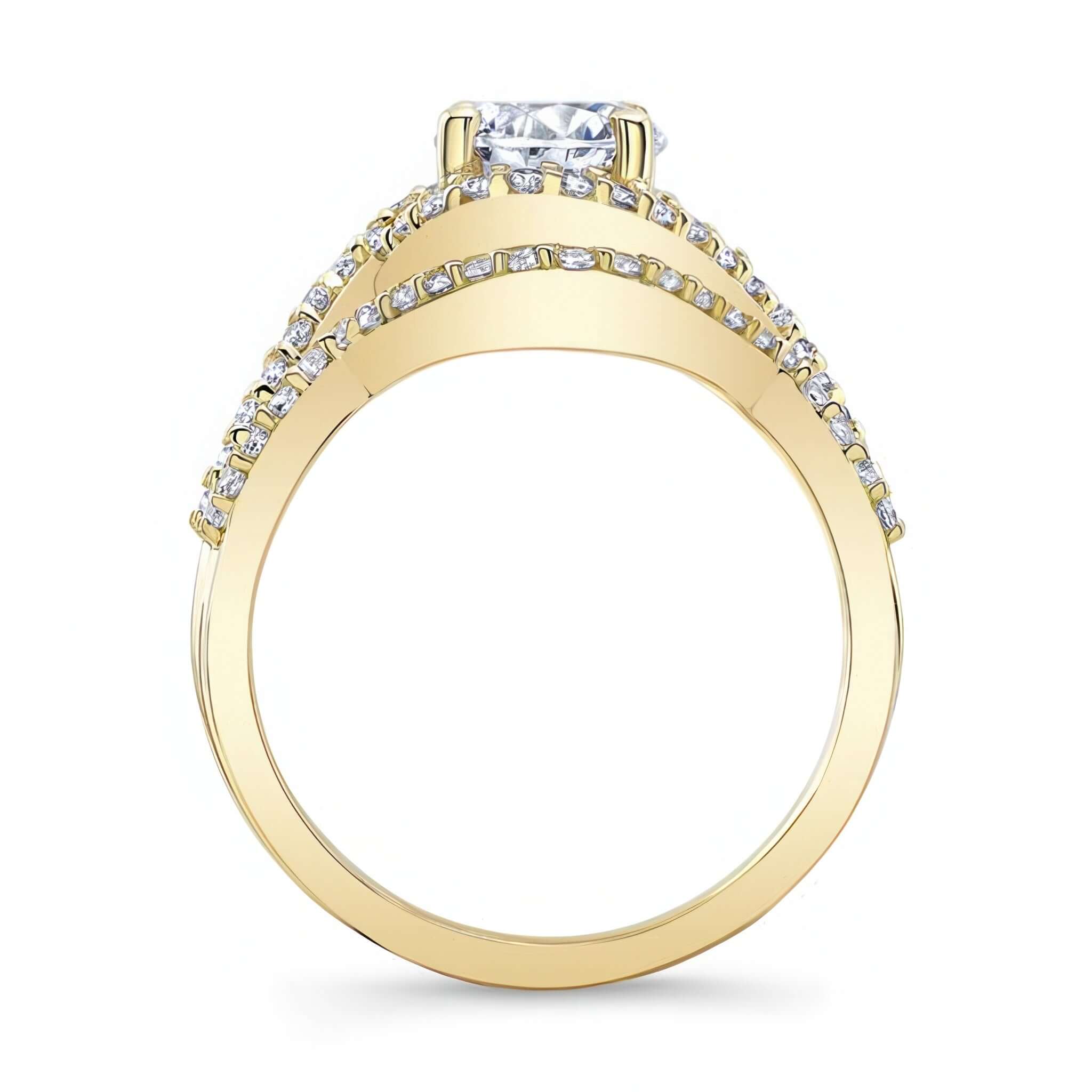 Twisted Halo Wedding Set featuring a round center, diamond accents, and a floral profile design.