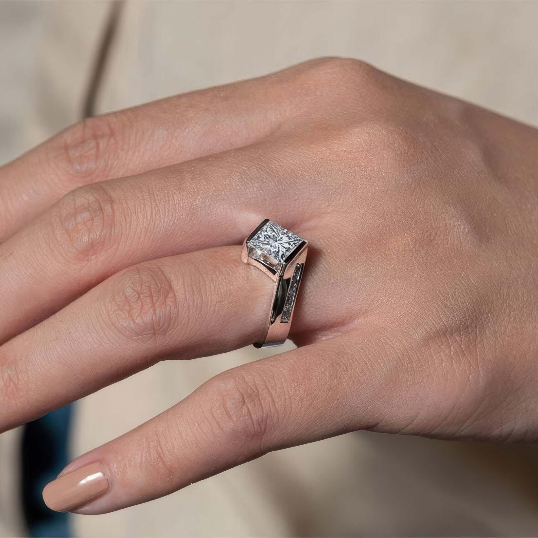 Princess Cut Lab Grown Diamond Wide Band Engagement Ring