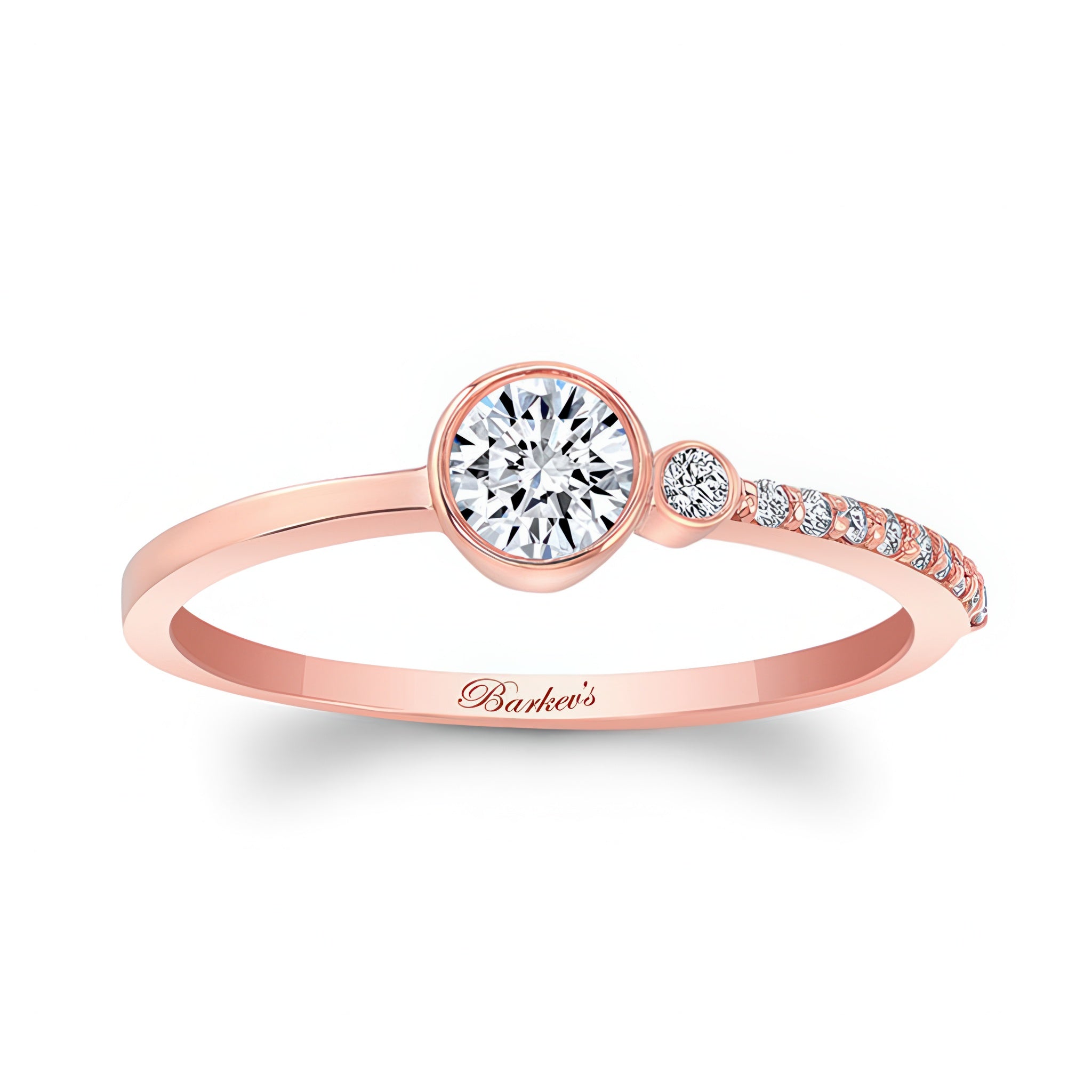 Rose gold promise ring with round diamond center and delicate shared prong diamonds on the shank.