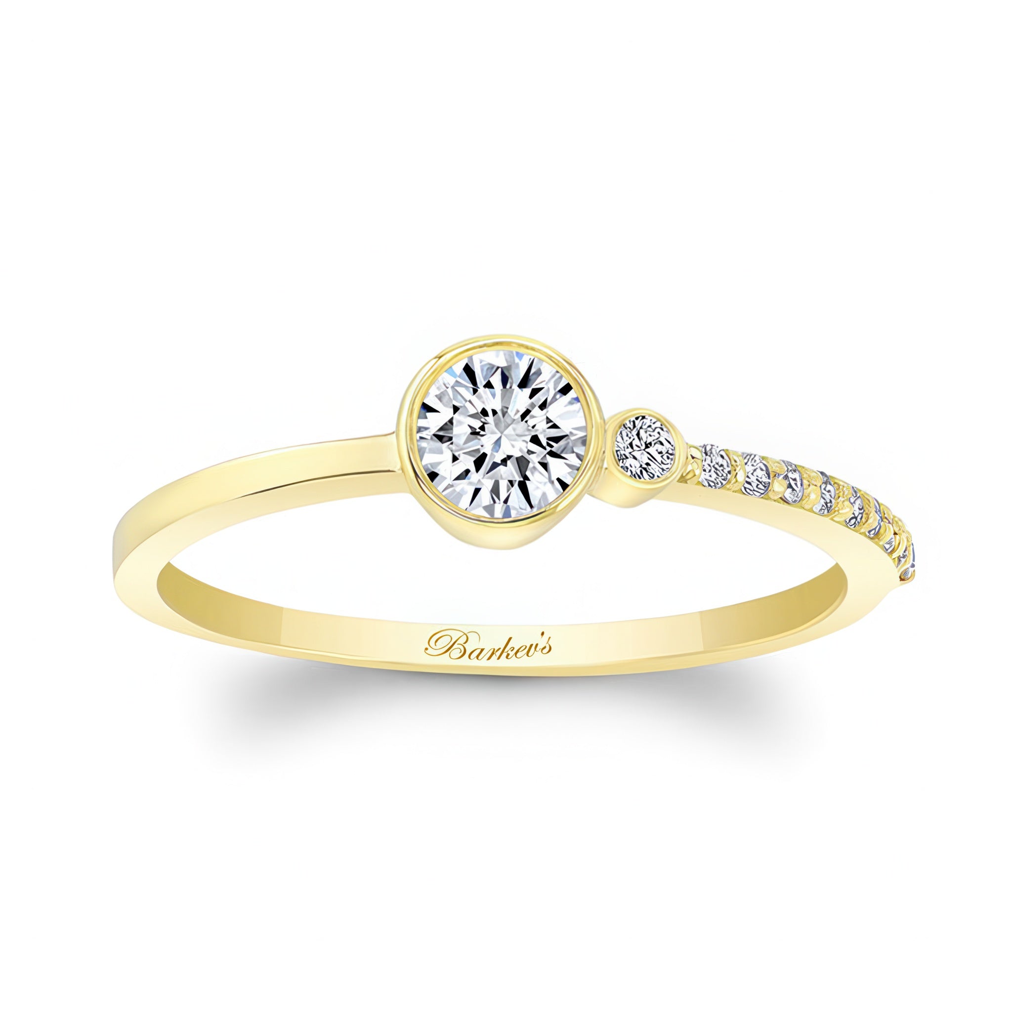 Olivia Unique Diamond Promise Ring in yellow gold with round diamond center and delicate side diamonds.