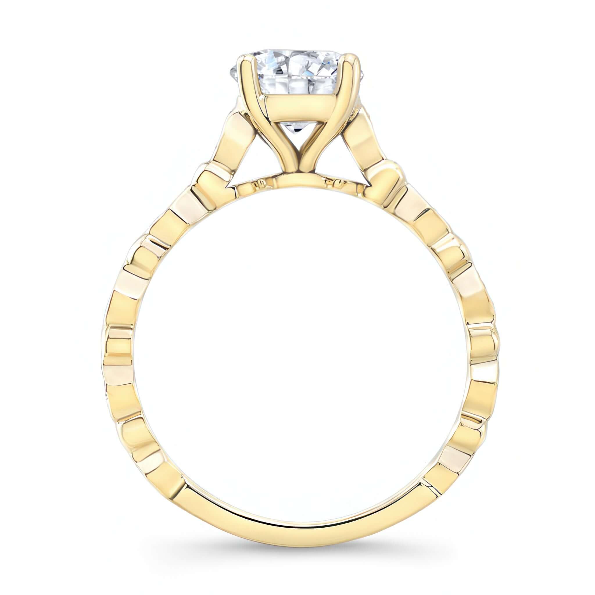Art Deco Moissanite Engagement Ring featuring a vintage design with diamond pave setting in a yellow gold band.
