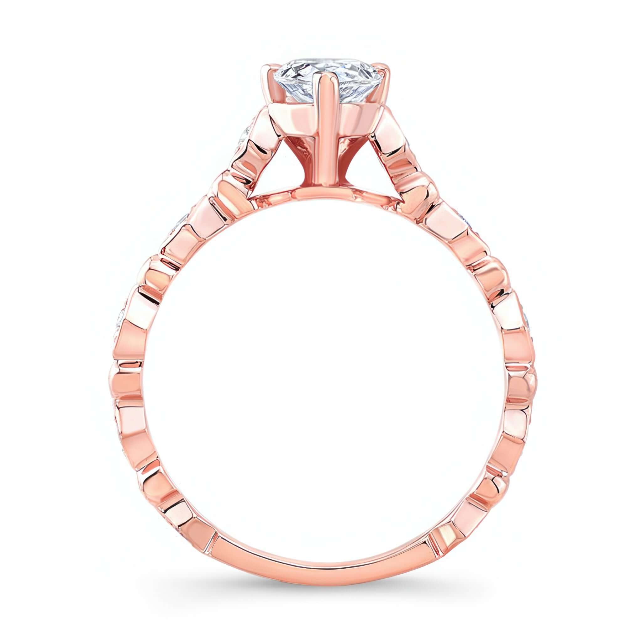 Art Deco Pear Shaped Moissanite Ring showcasing a unique pear shape and diamond pave setting in a rose gold band.