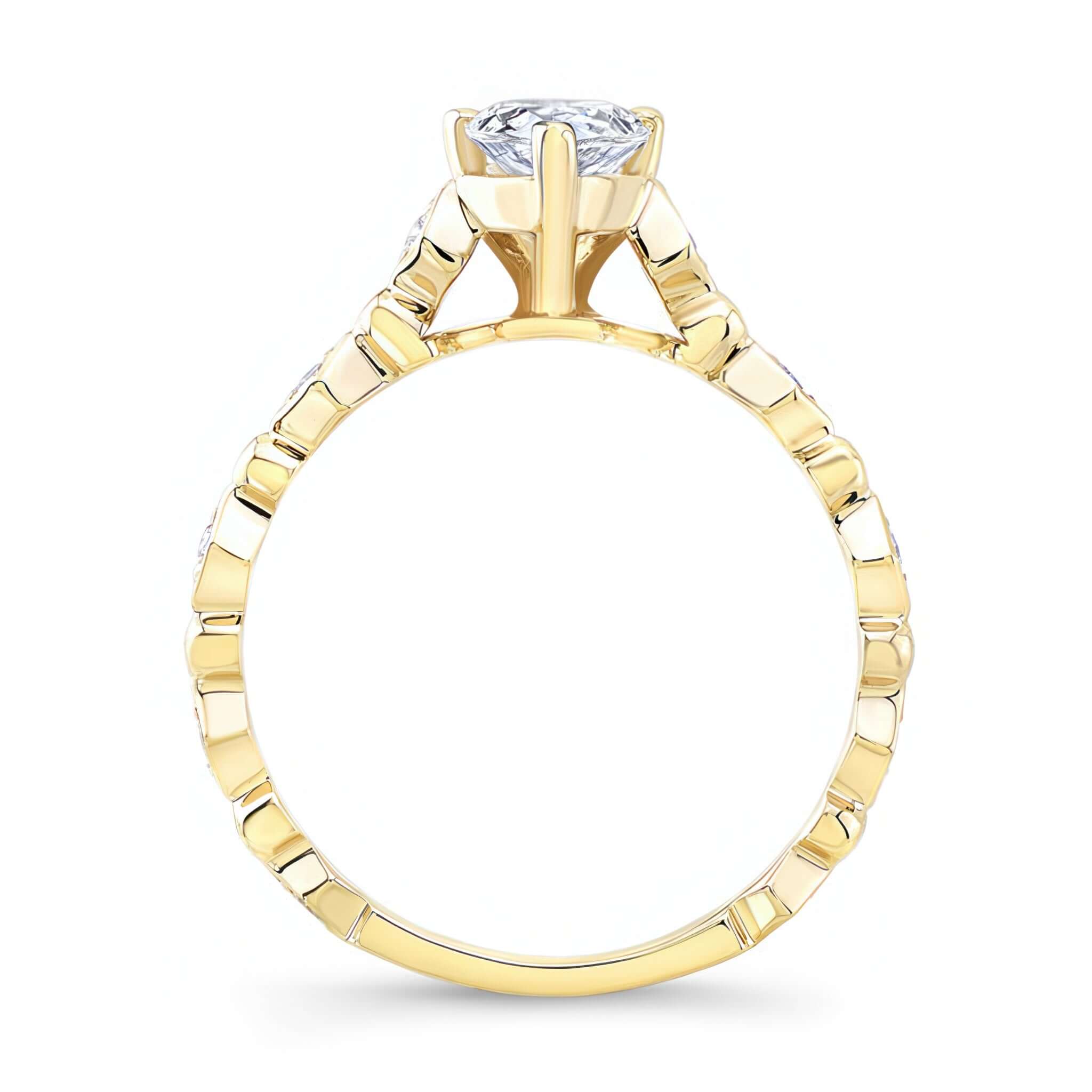 Art Deco Pear Shaped Moissanite Ring with a delicate diamond pave setting and golden band.