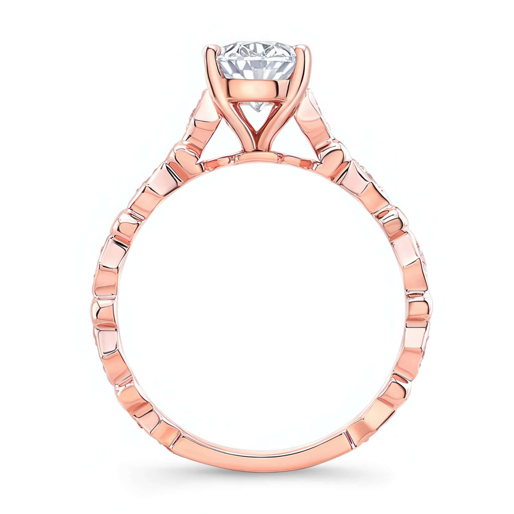 Art Deco Oval Engagement Ring featuring a diamond center stone and a unique diamond pave band in rose gold.