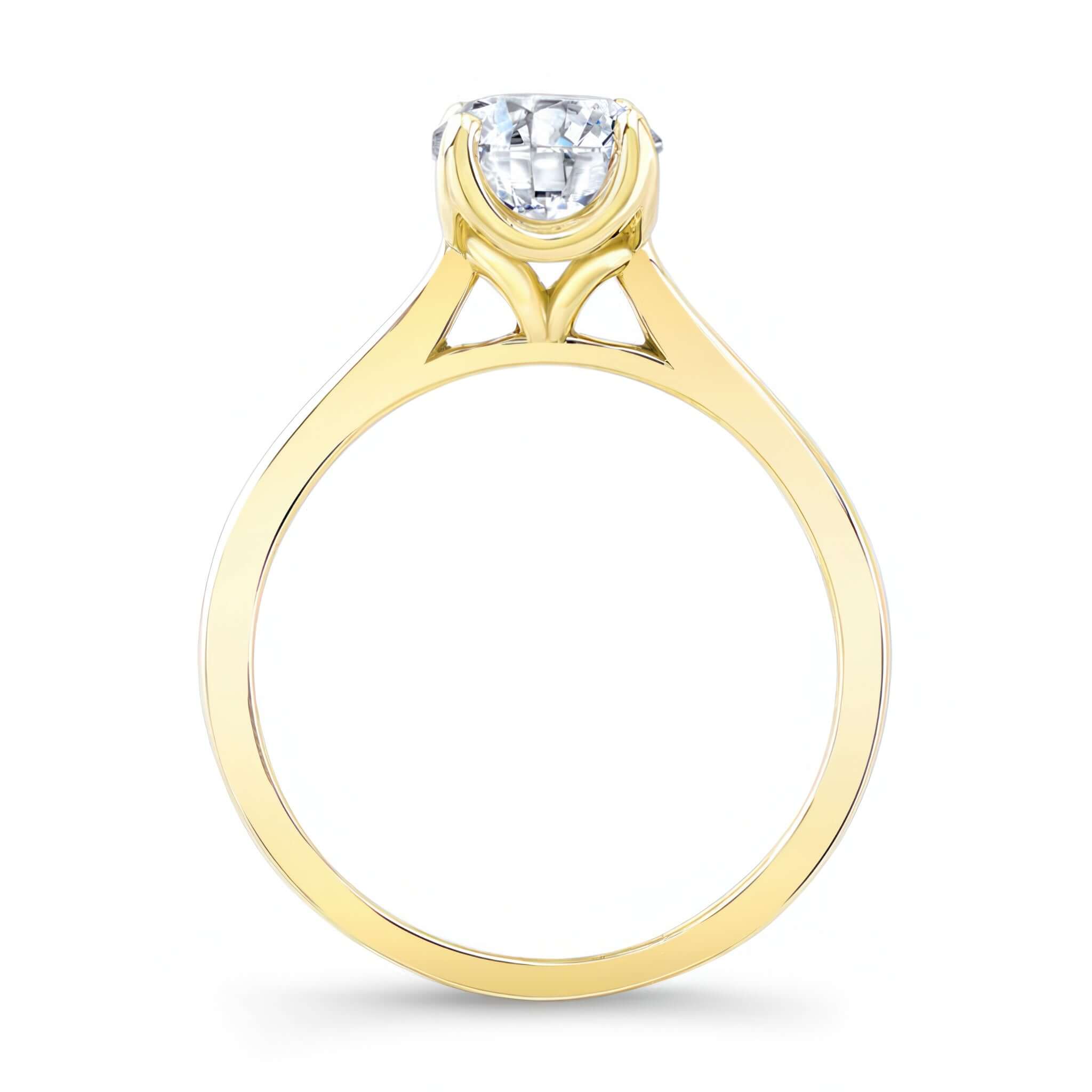 Delicate Curved Lab Grown Diamond Solitaire Ring with a round center and elegant side view design.