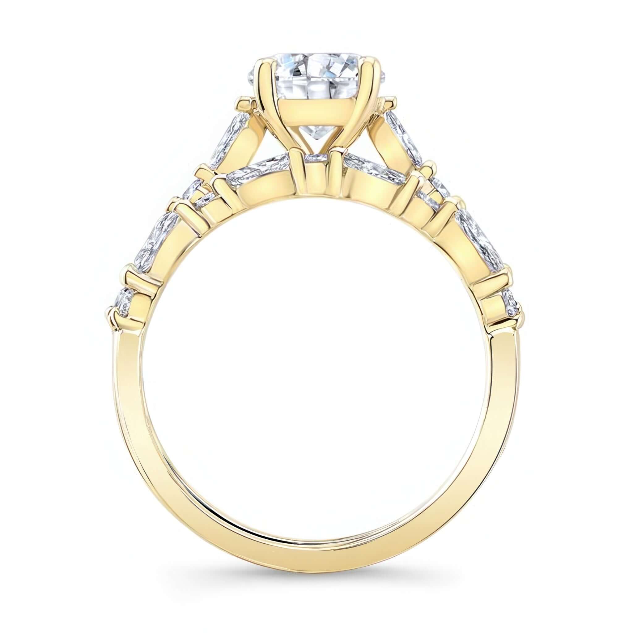 Vintage Style Diamond Wedding Ring Set featuring a round center and alternating round and marquise diamonds.