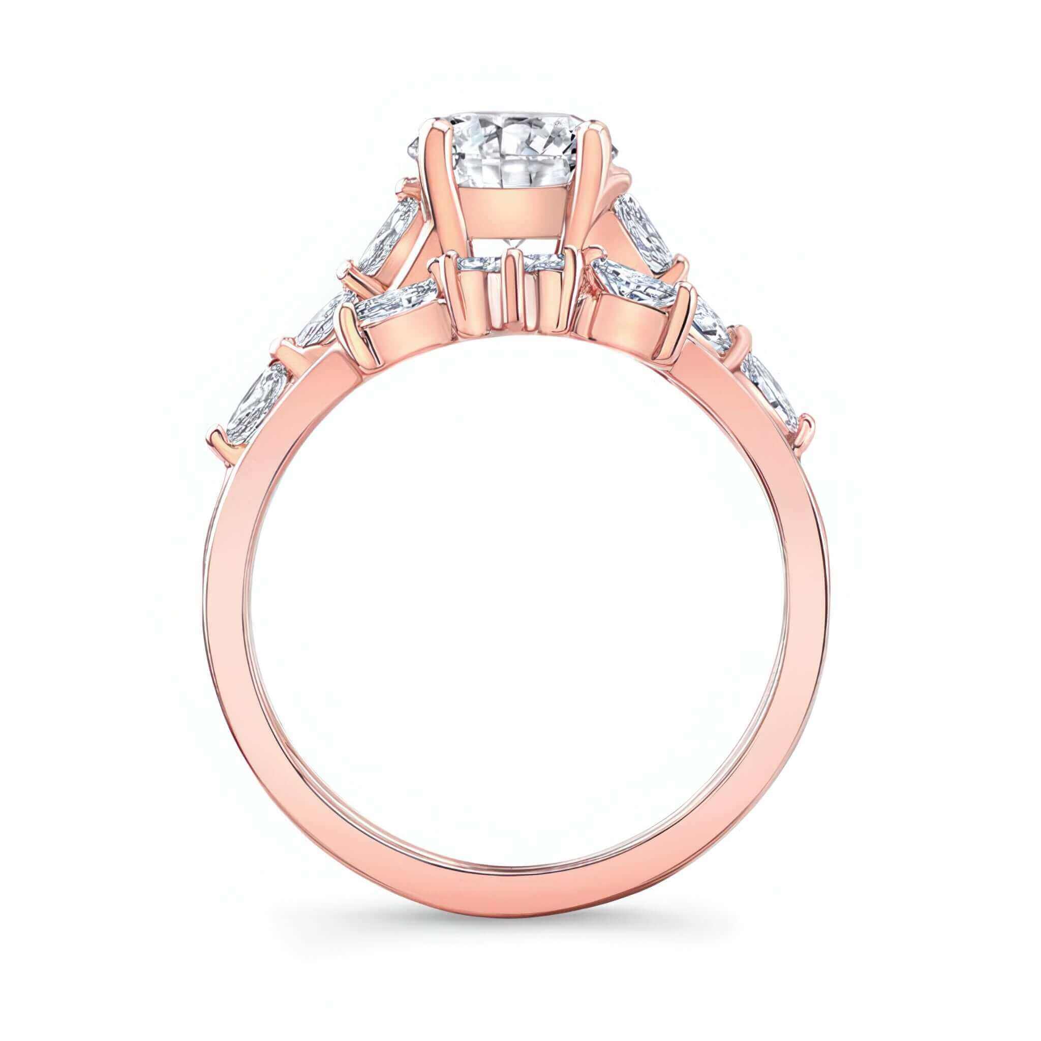 Marquise Accent Wedding Set featuring a round diamond center and elegant side diamonds in a stunning rose gold setting.
