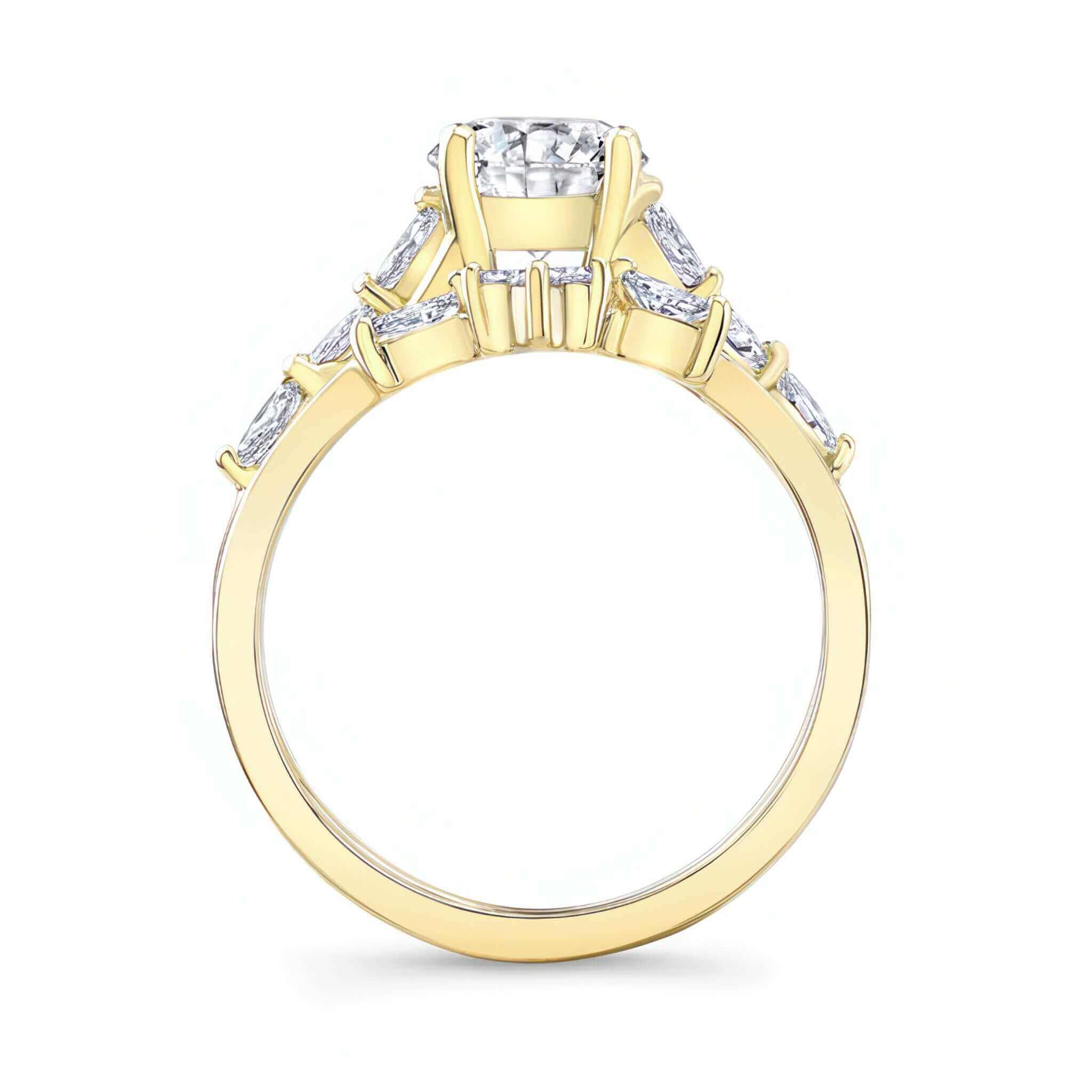 Marquise Accent Wedding Set featuring a round diamond center and elegant side diamonds on a gold band.