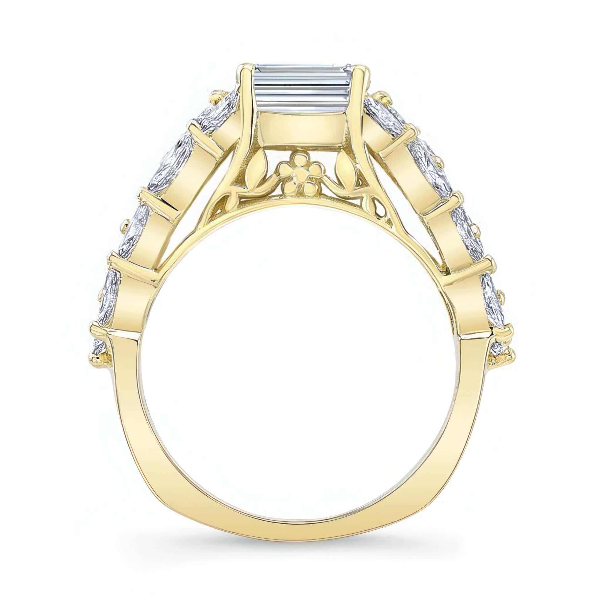 Three Row Diamond Emerald Cut Moissanite Ring