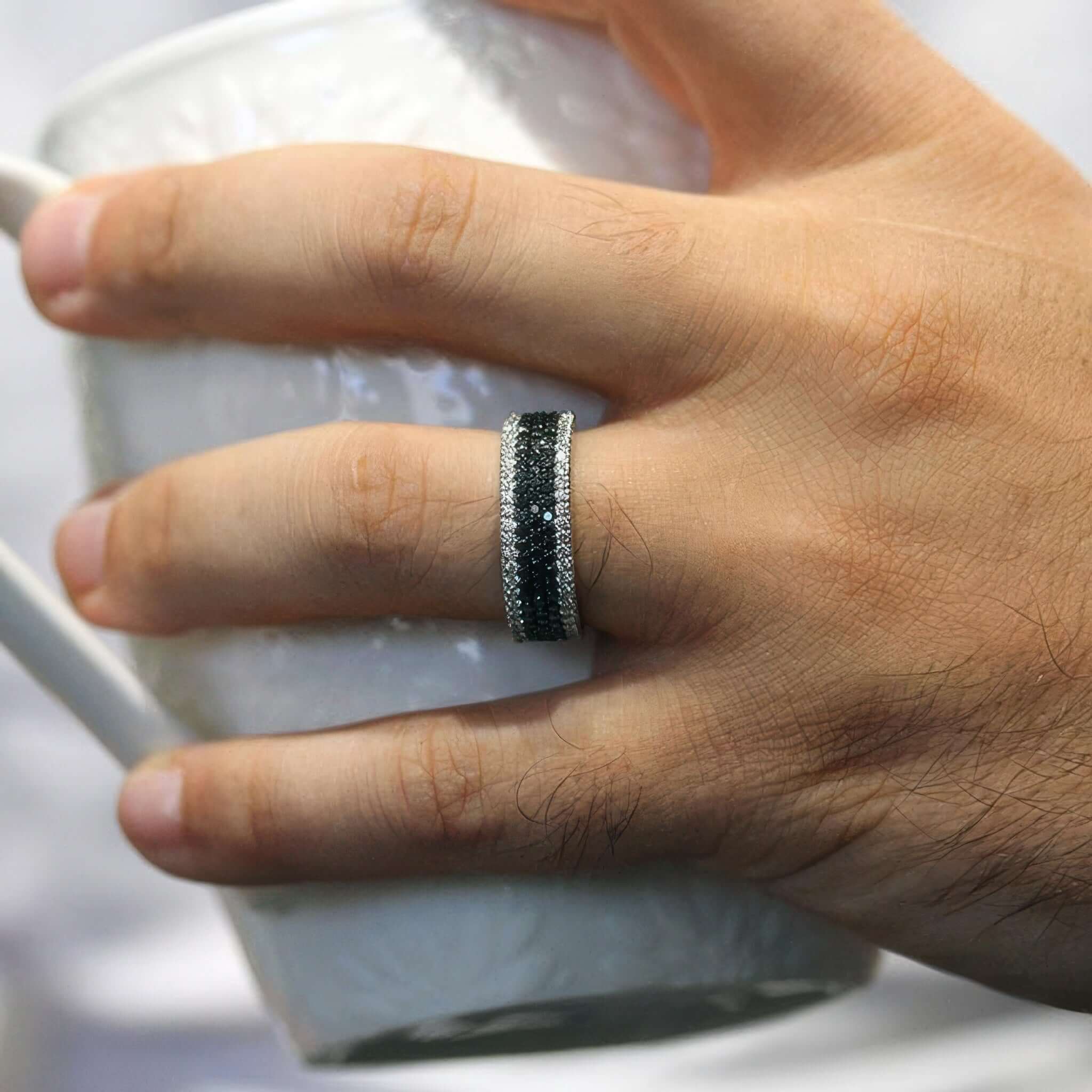 Mens 5 Row Black And White Diamond Band