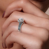 Round Halo Blue Diamond Accent Wedding Set