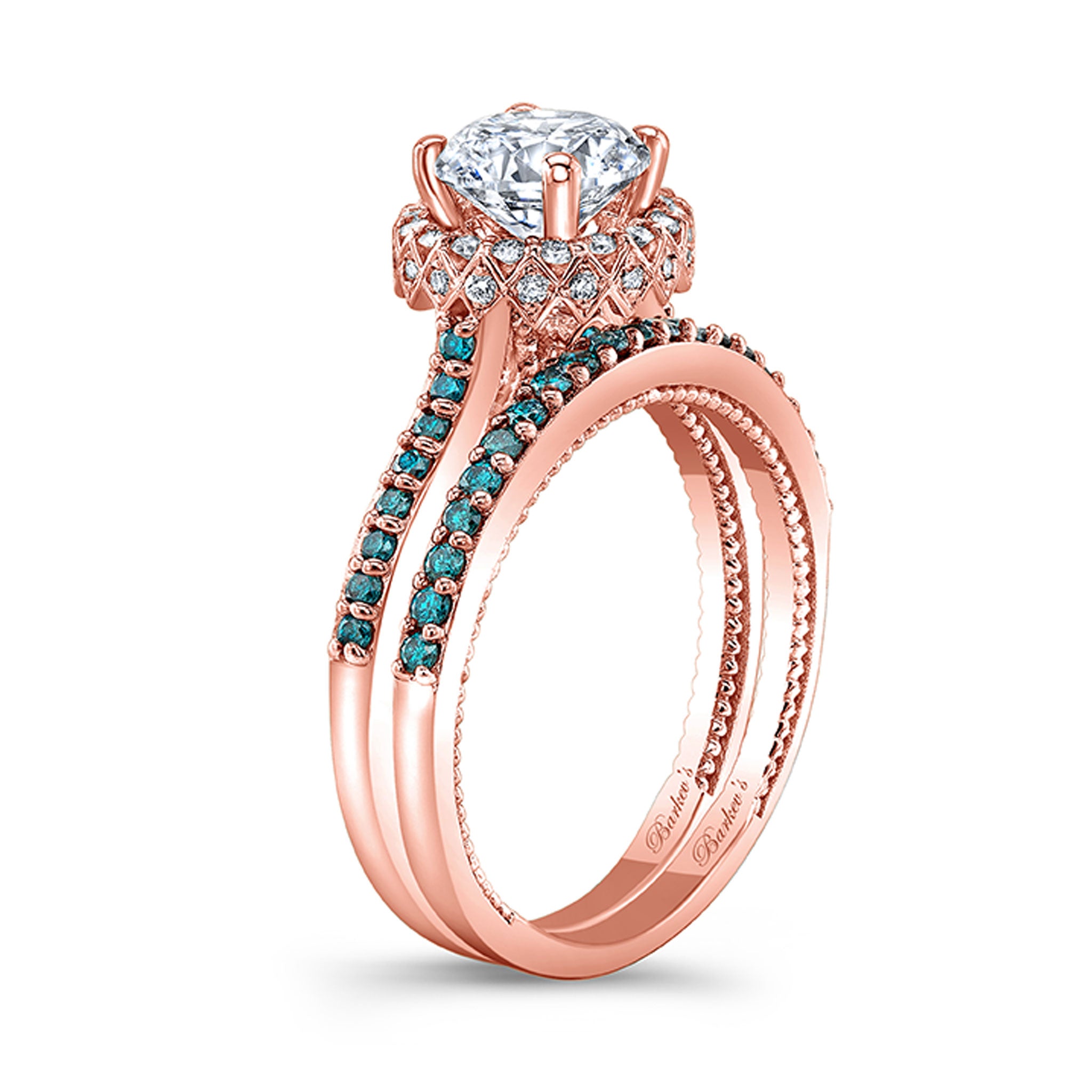 Round Halo Blue Diamond Accent Wedding Set