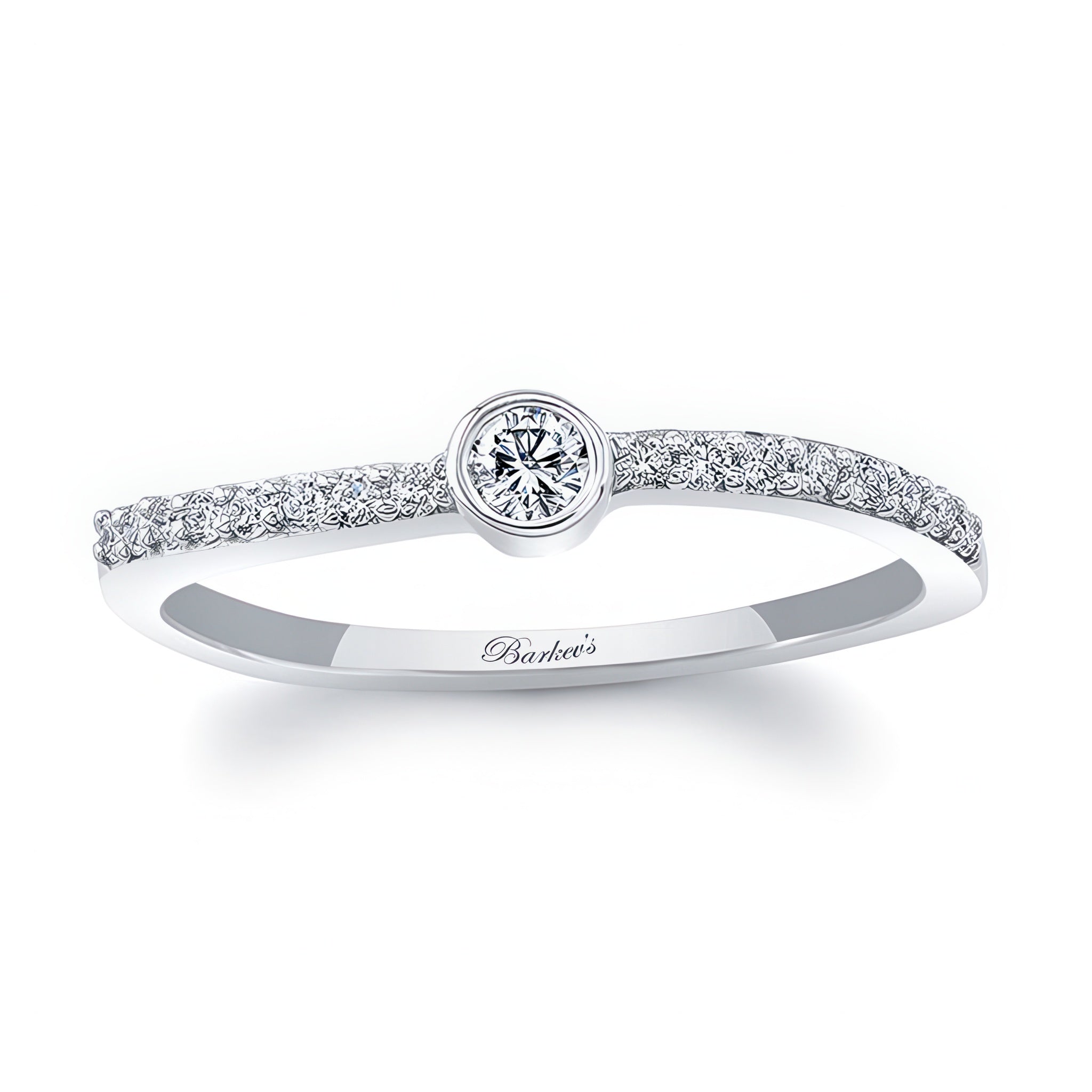 Ava Curved Diamond Promise Ring featuring a bezel set round diamond and sparkling side stones on a sleek band.