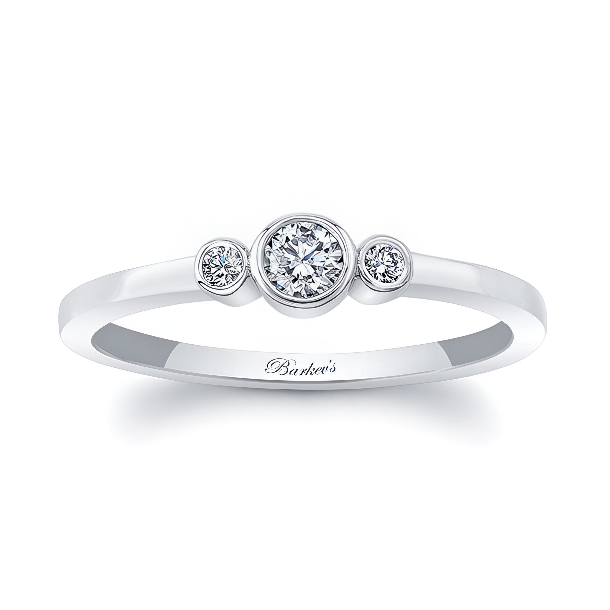 Sophia Three Stone Promise Ring in white gold with bezel set diamonds, symbolizing love and commitment.
