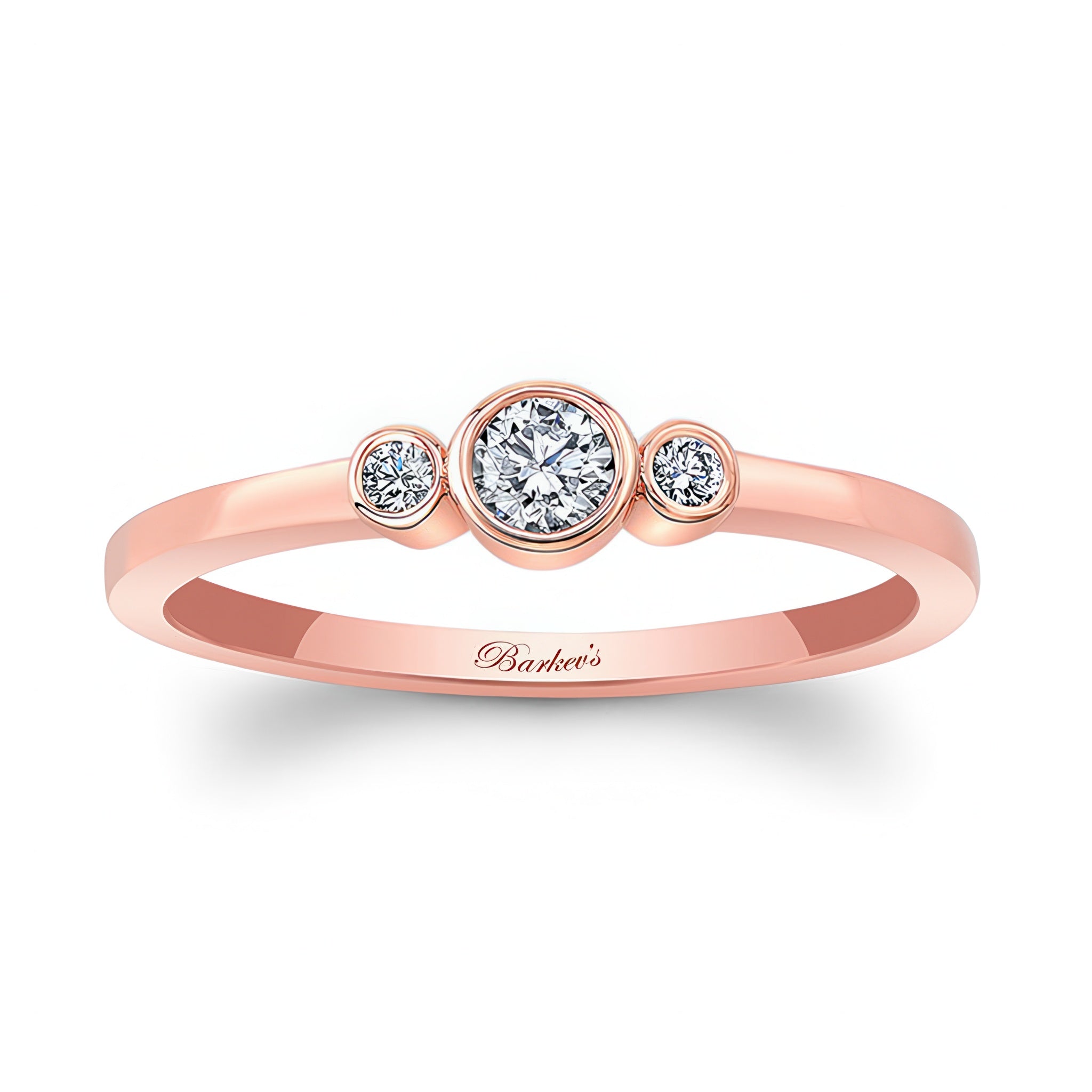 Sophia Three Stone Promise Ring in rose gold featuring a bezel set diamond center and two accent diamonds.