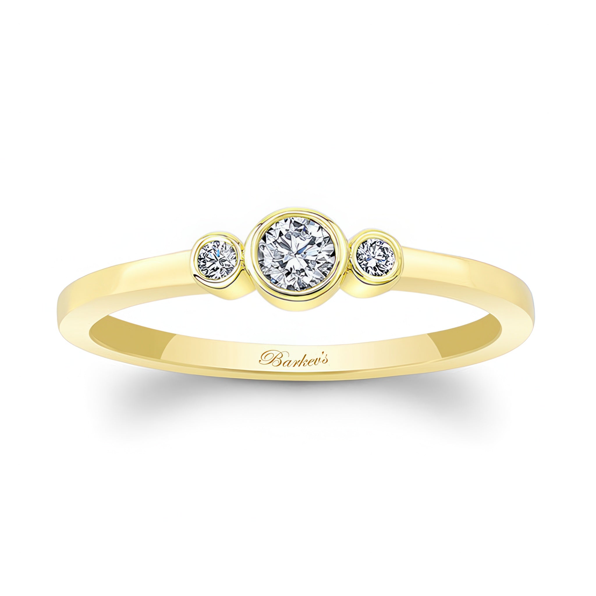 Sophia three stone promise ring in yellow gold with bezel set diamonds, perfect for a meaningful gift.
