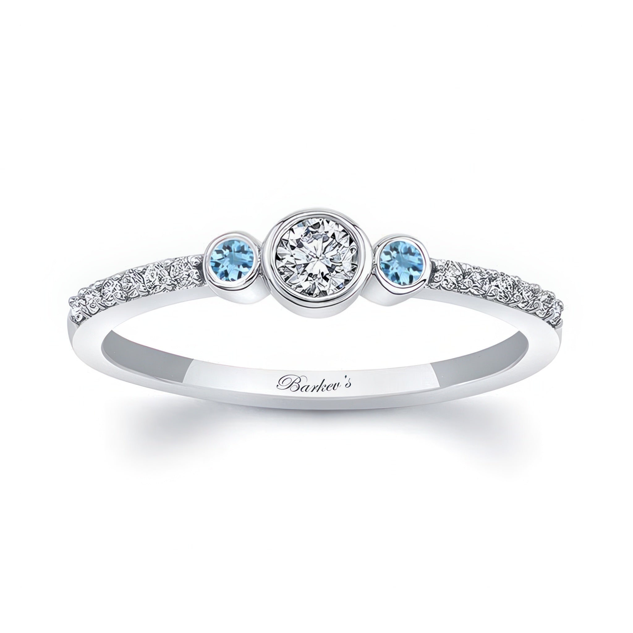Mia Three Stone Aquamarine Accent Diamond Promise Ring featuring a center diamond and side aquamarine gemstones.