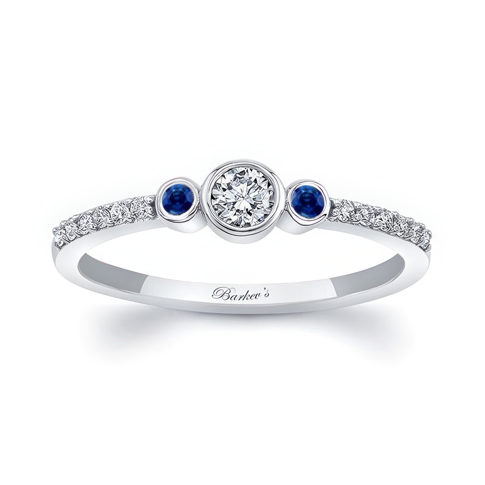 Mia three stone blue sapphire accent diamond promise ring with center diamond and sapphire side stones.