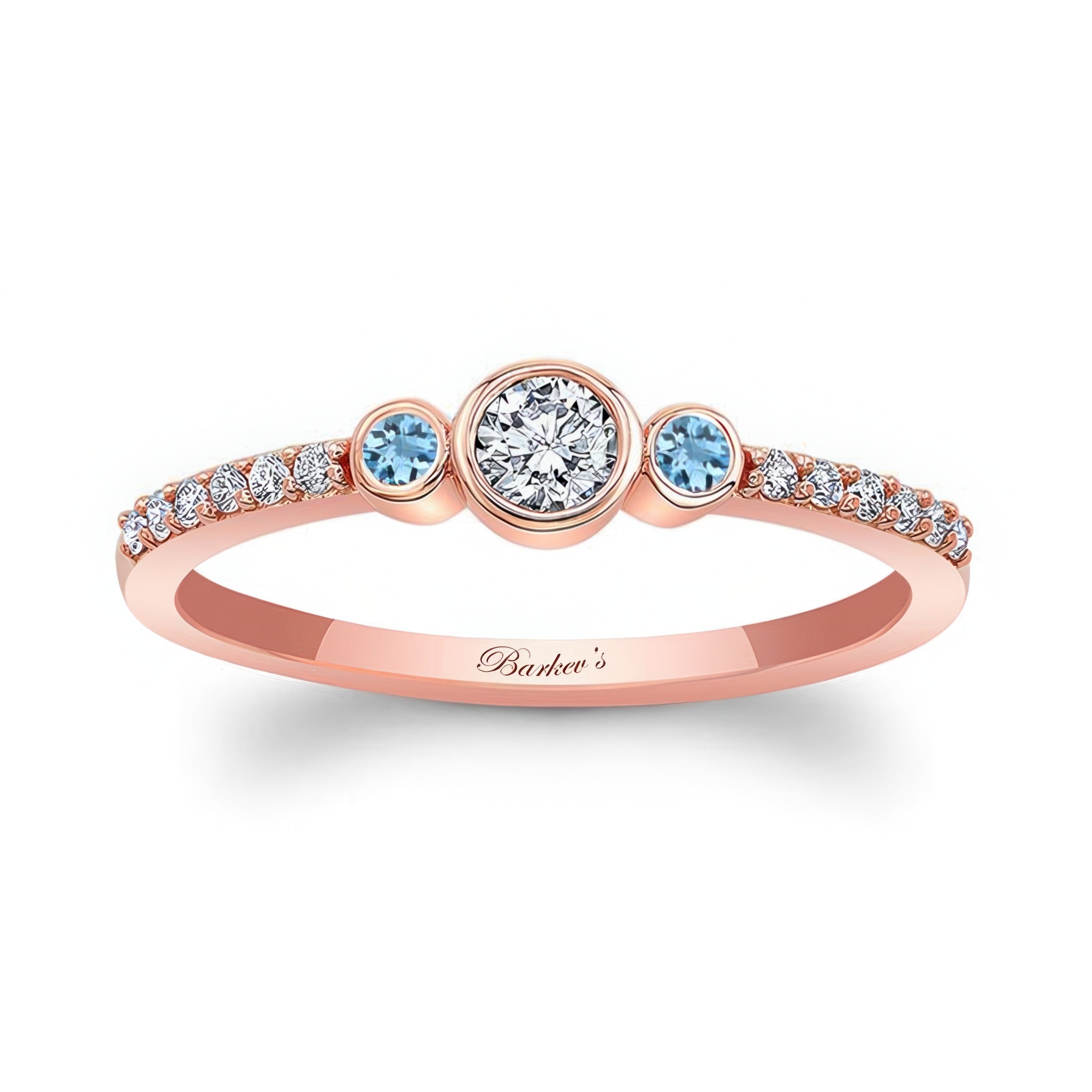 Mia Three Stone Aquamarine Accent Diamond Promise Ring with a diamond center and aquamarine side stones on rose gold band.
