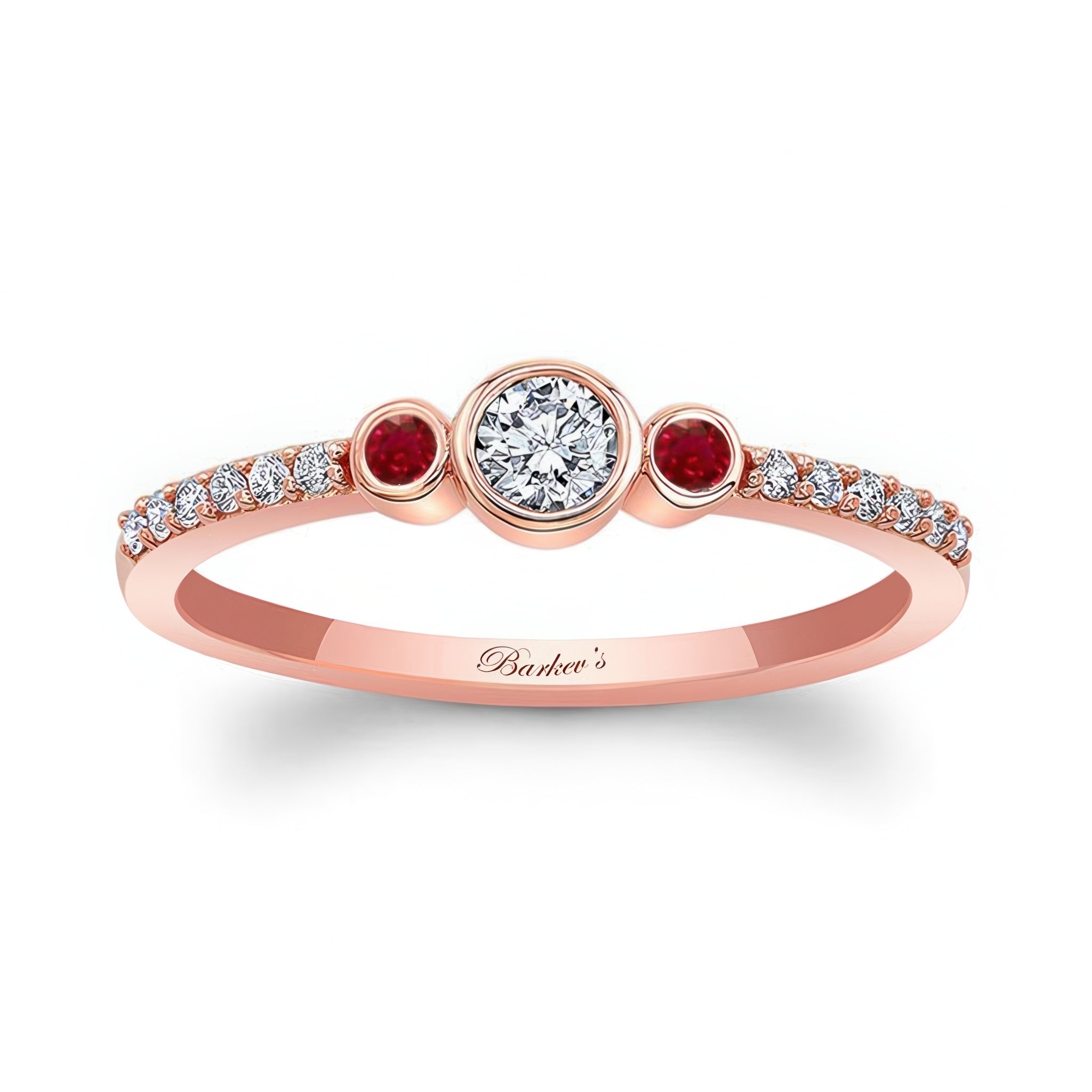 Mia Three Stone Ruby Accent Diamond Promise Ring with a central diamond and ruby accents on a rose gold band.