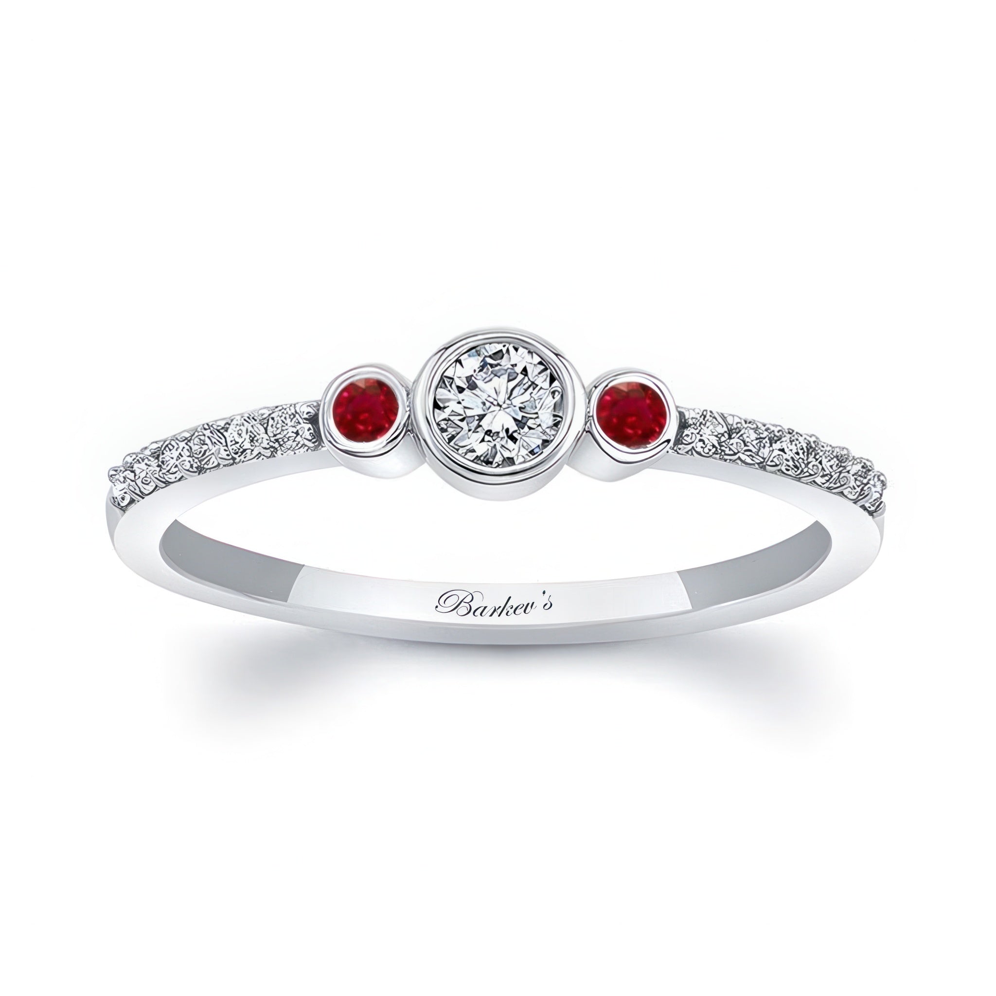 Mia Three Stone Ruby Accent Diamond Promise Ring with a bezel set diamond and ruby gemstones on each side.