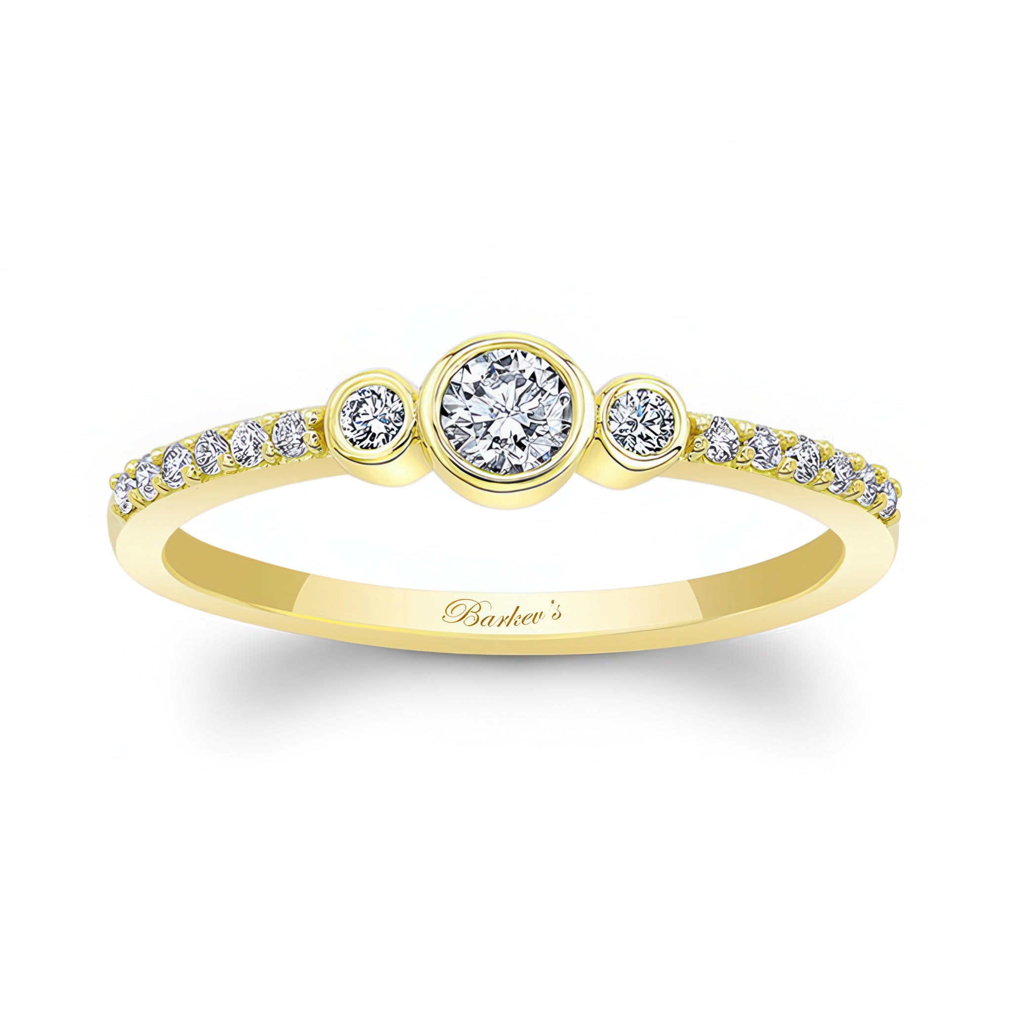Mia Three Stone Diamond Promise Ring with center bezel set diamond and shared prong set accents in yellow gold.