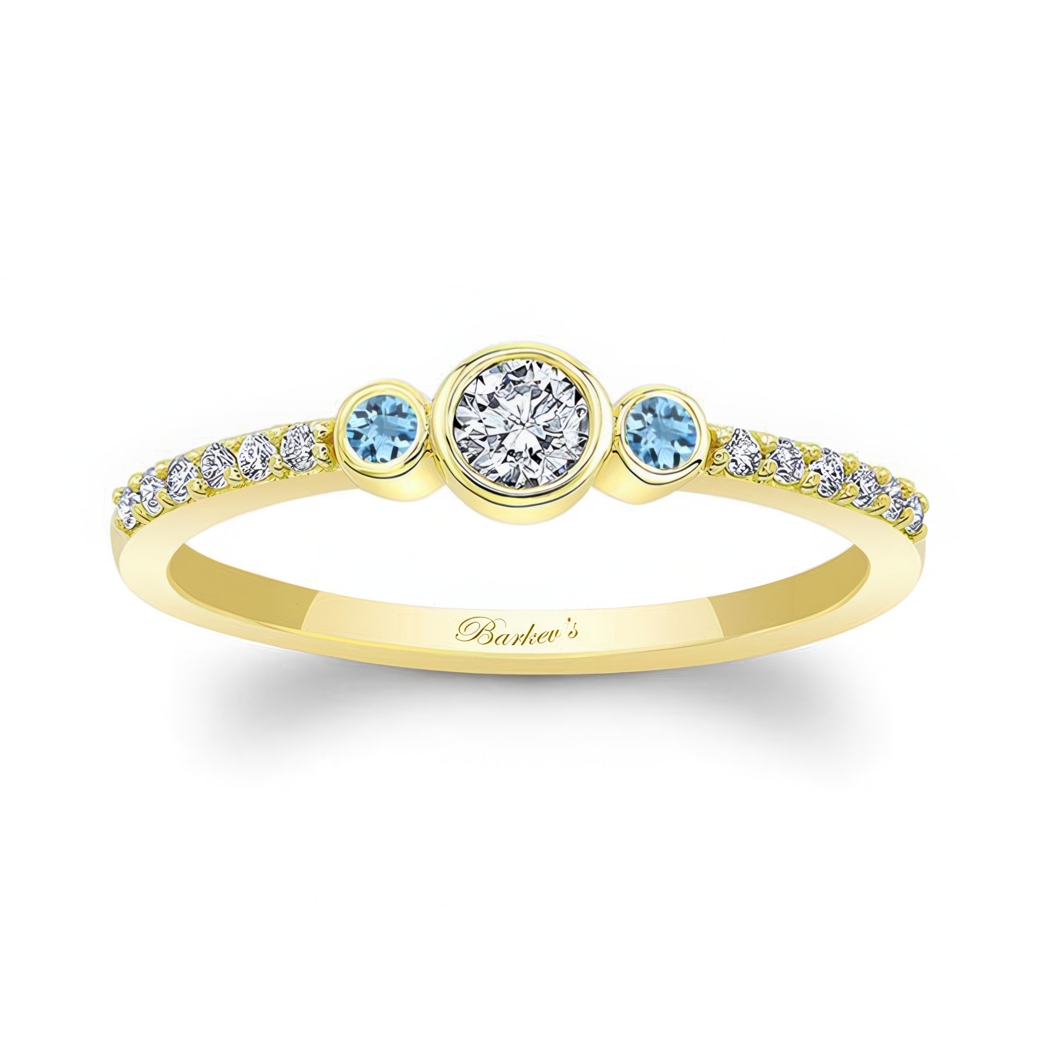 Mia three stone aquamarine accent diamond promise ring in yellow gold with intricate detailing.