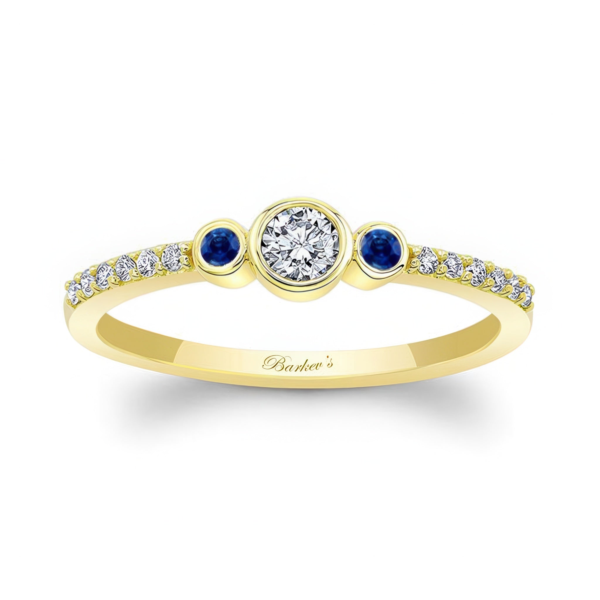 Mia three stone blue sapphire accent diamond promise ring in yellow gold with bezel set diamond and cascading diamonds.