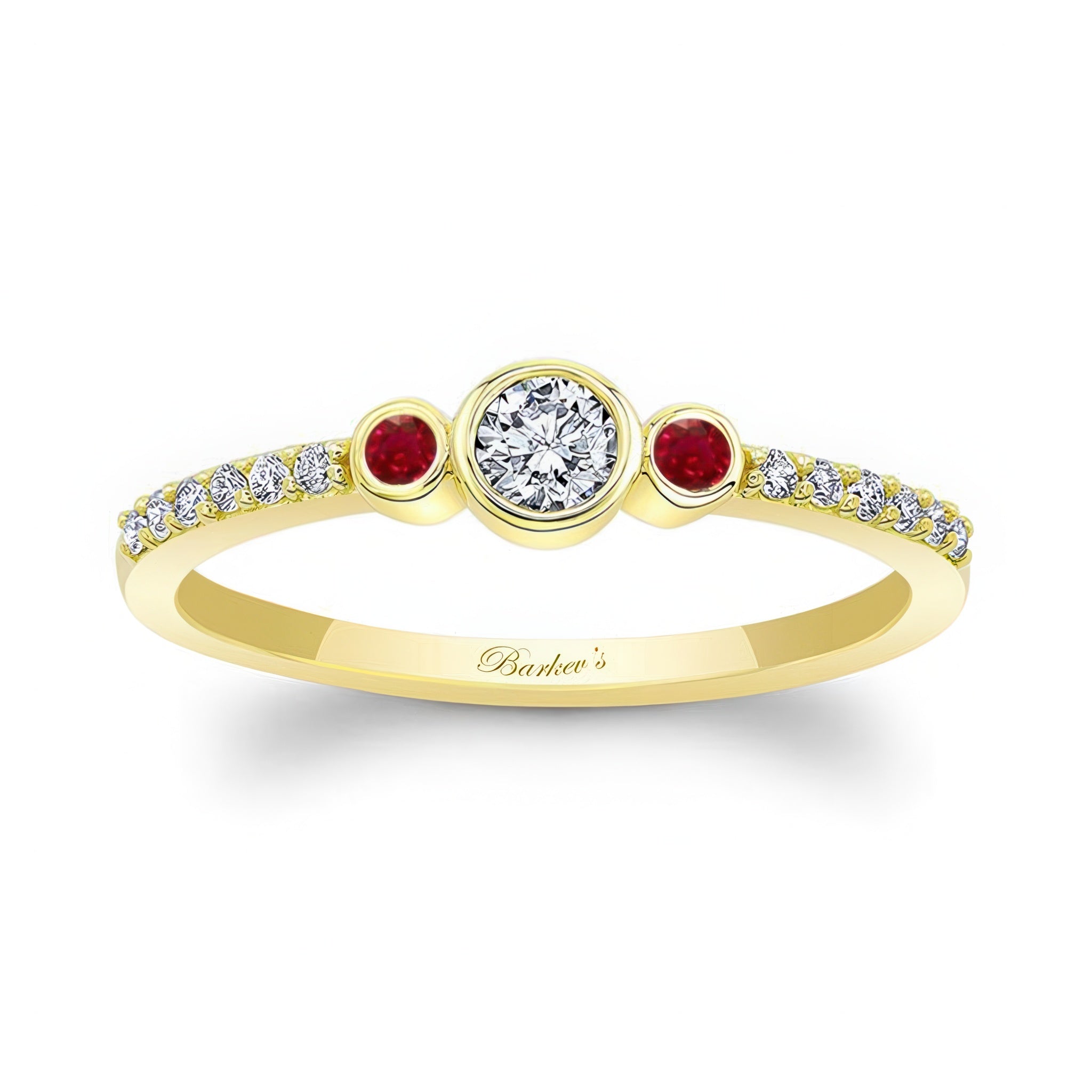 Three stone ruby accent diamond promise ring with a diamond center and radiant ruby sides, set in yellow gold.