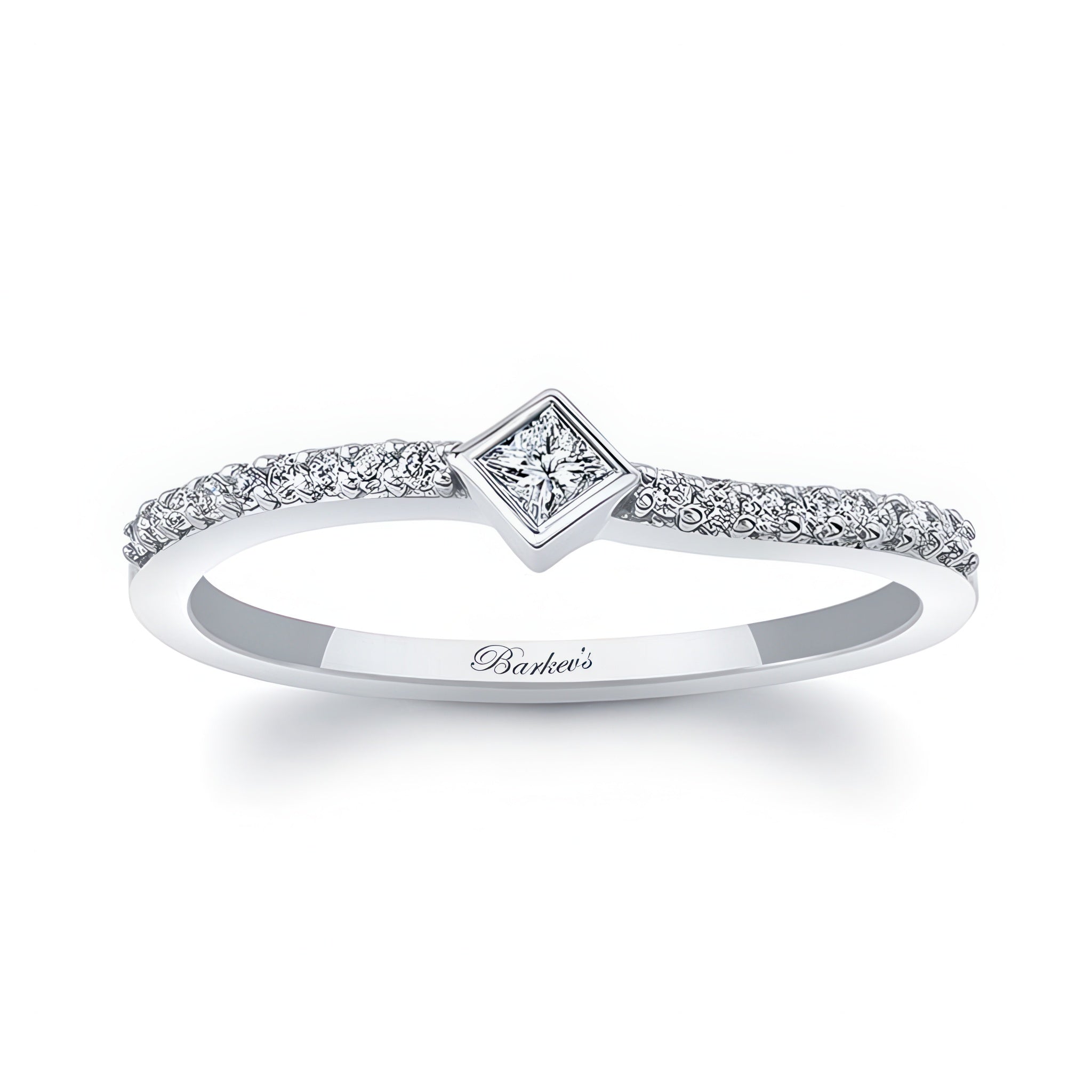 Abi Curved Princess Cut Diamond Promise Ring with bezel set diamond and shared prong set side diamonds.