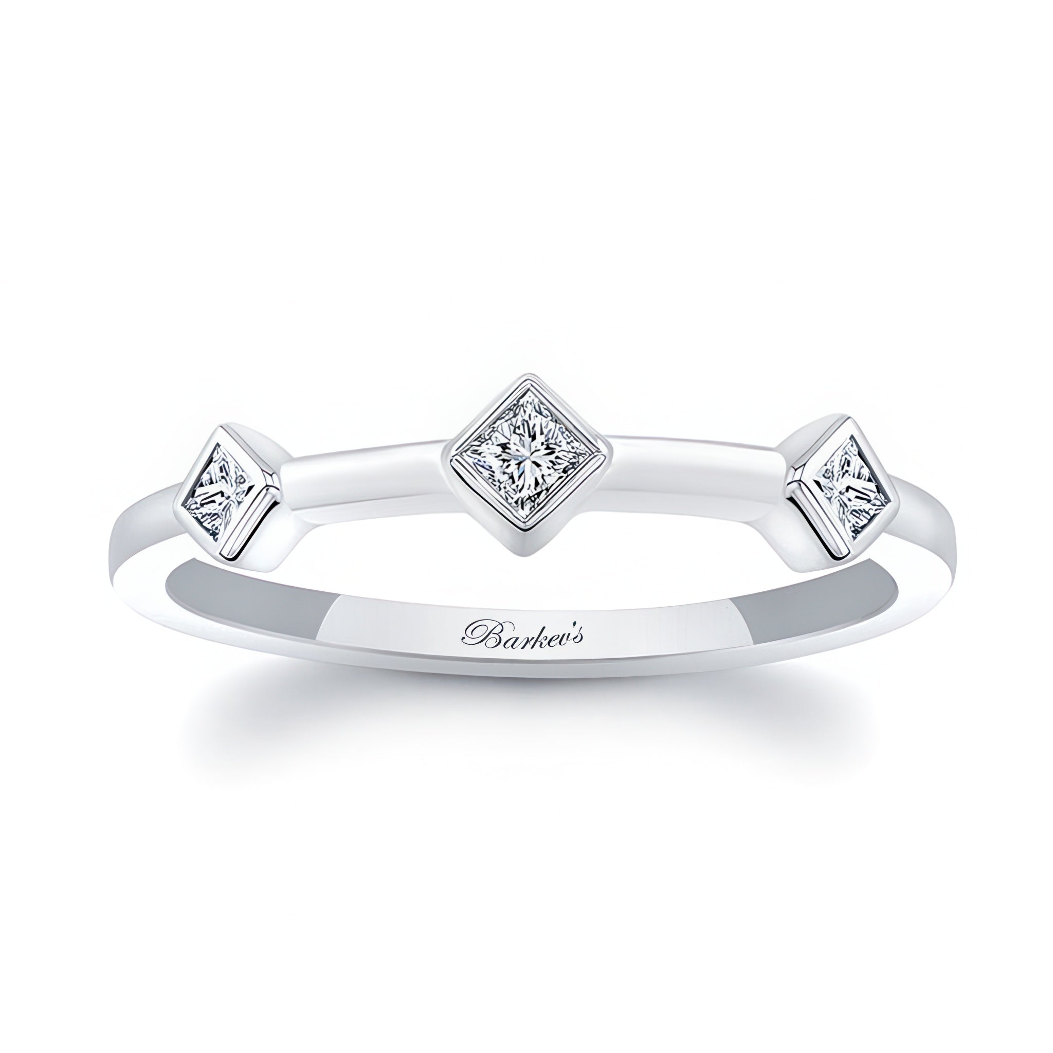 Mila three stone princess cut promise ring featuring bezel set diamonds in a classic design.