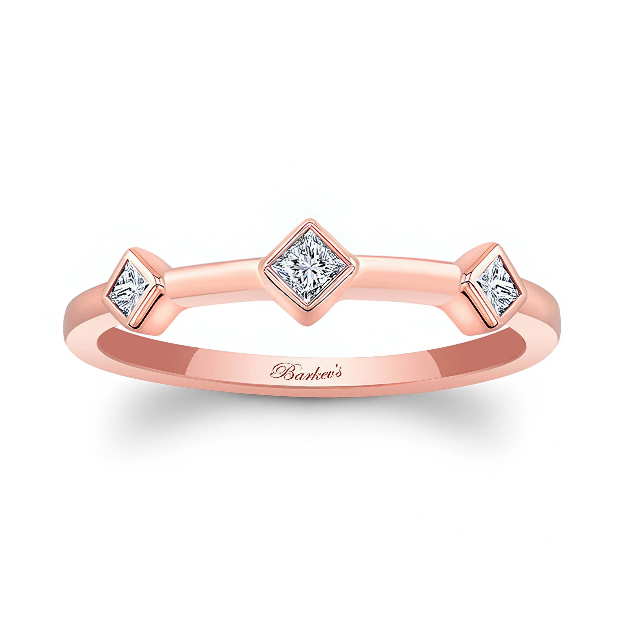 Mila Three Stone Princess Cut Promise Ring featuring a rose gold band and three bezel set diamonds for a unique elegance.