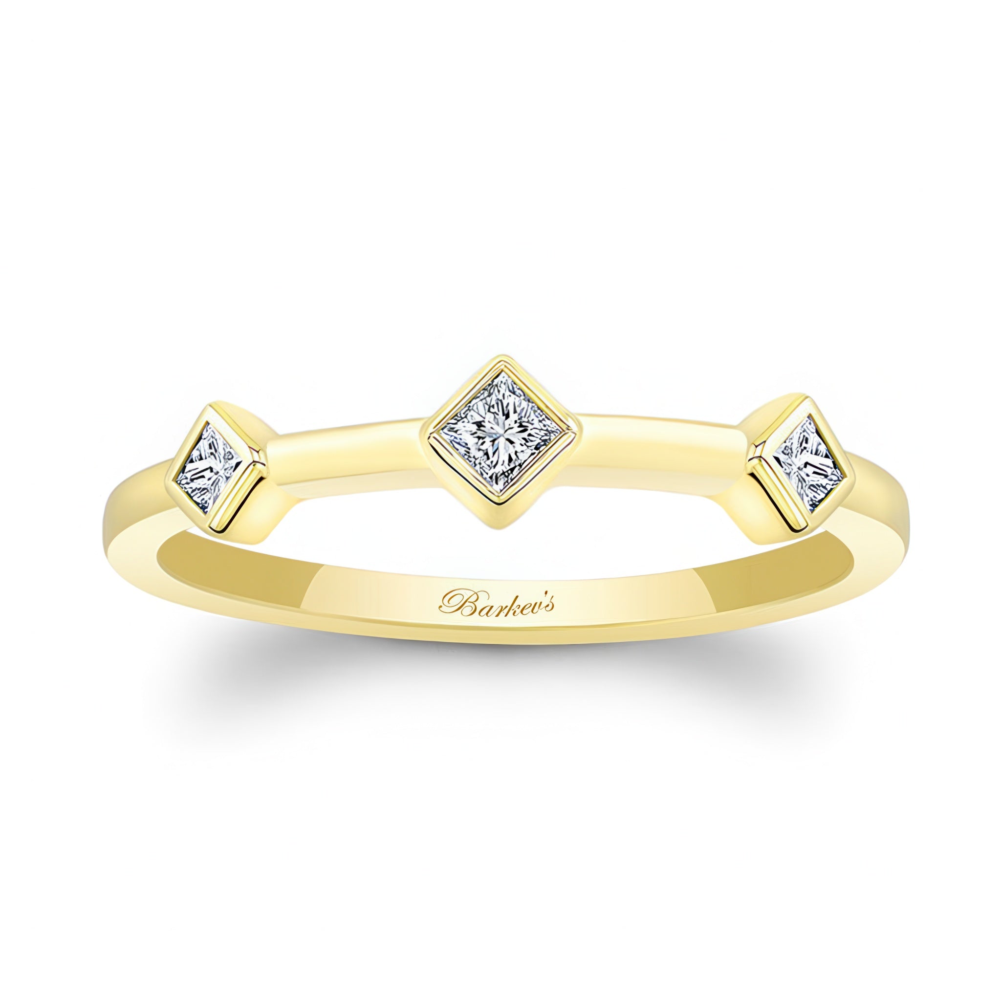 Mila Three Stone Princess Cut Promise Ring in yellow gold with three bezel set diamonds, elegant and timeless design.