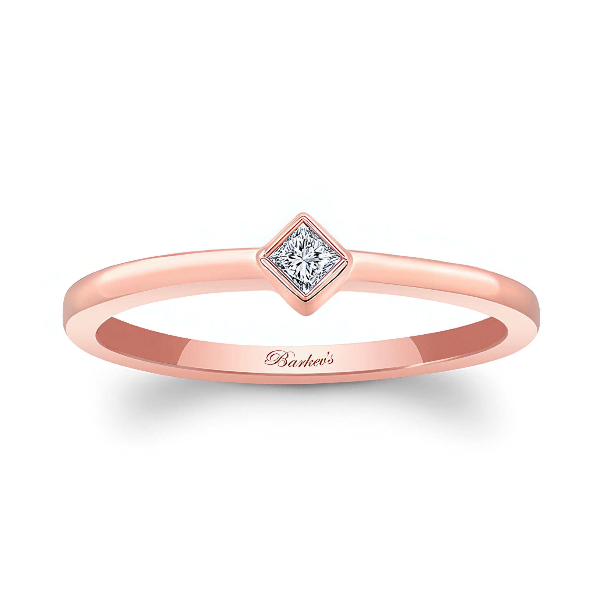 Aria princess cut diamond promise ring in rose gold with bezel set diamond center, perfect for timeless elegance.
