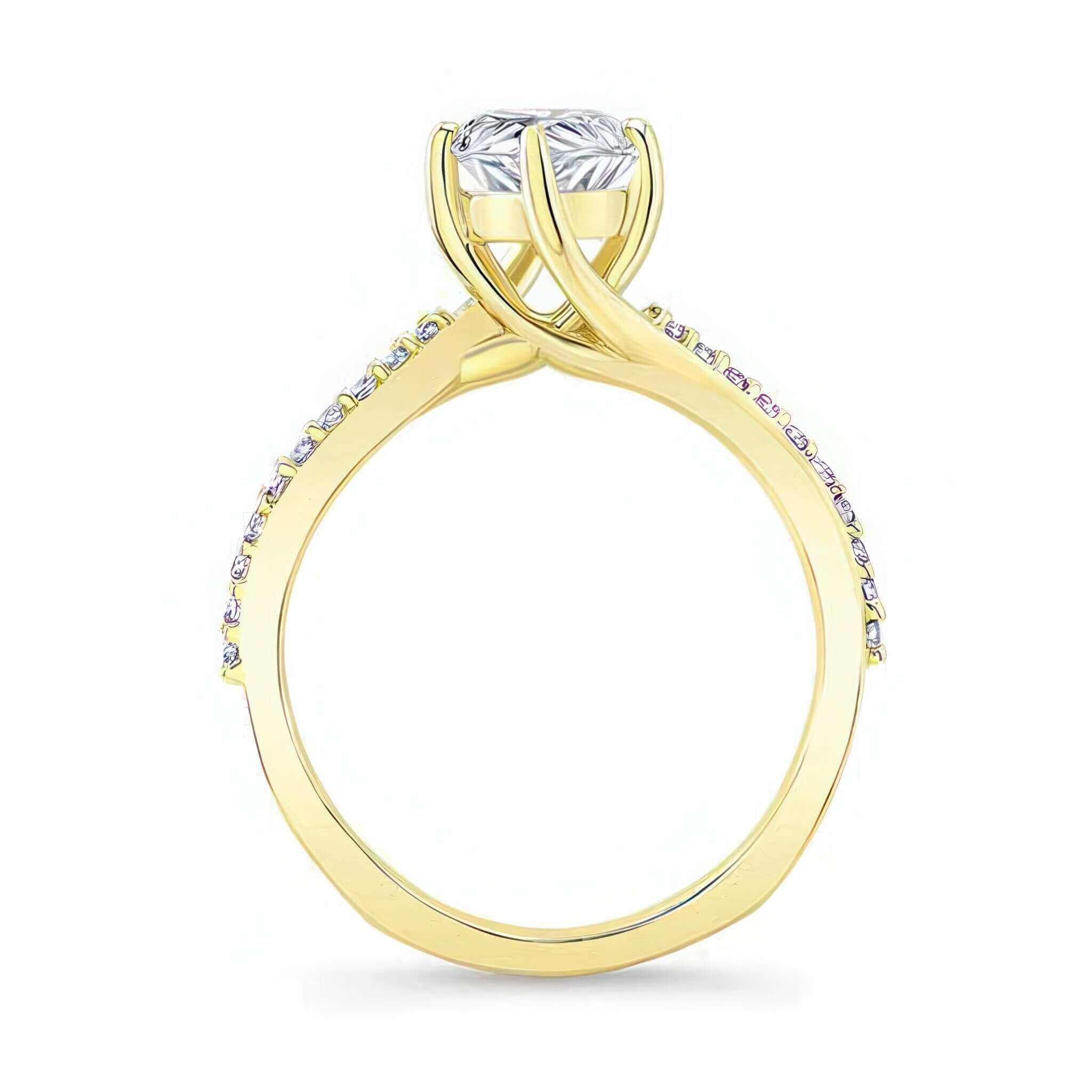 Marquise Engagement Ring With Twisted Band in yellow gold with sparkling diamond accents on the shank.