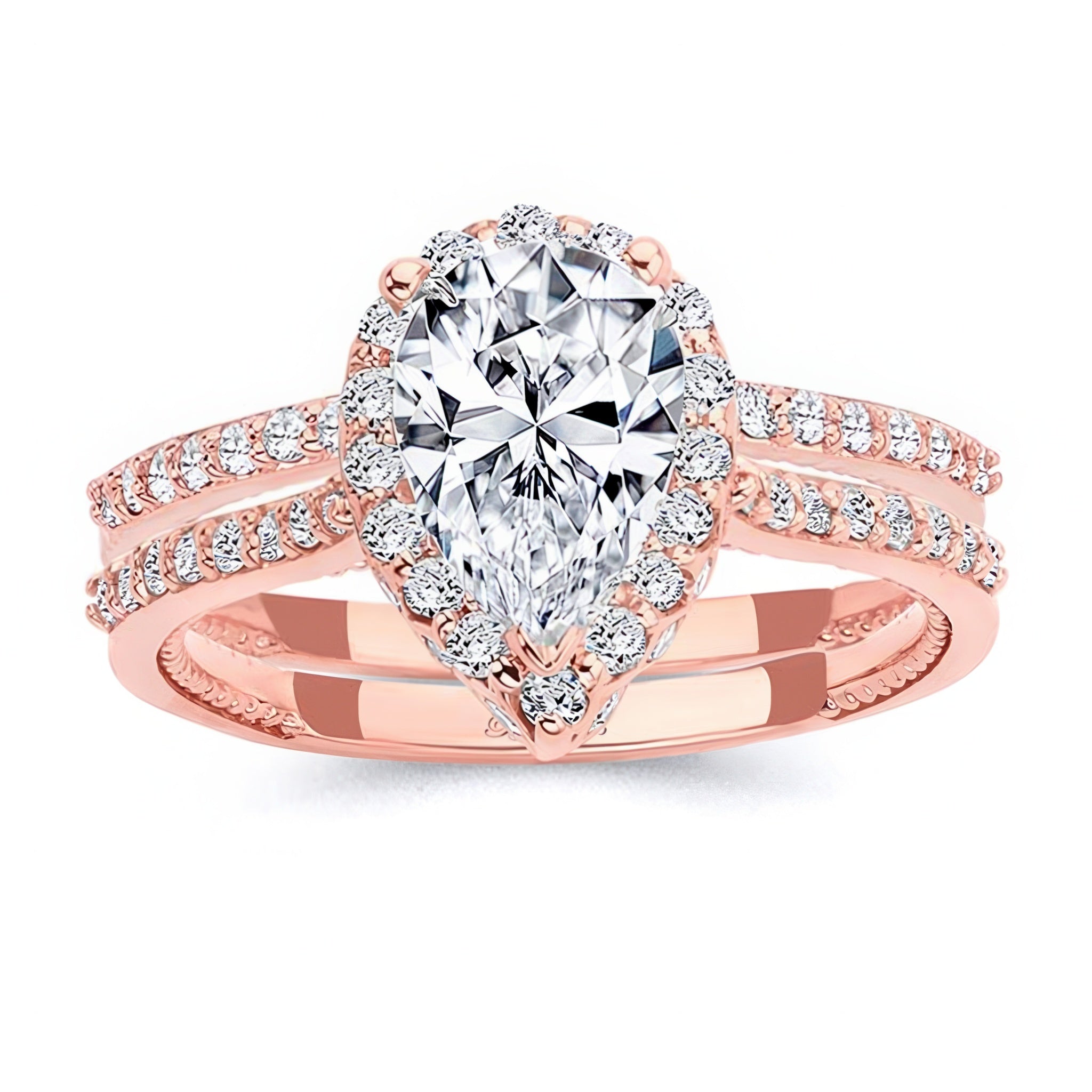 2 Carat Pear Shaped Moissanite Halo Ring Set
