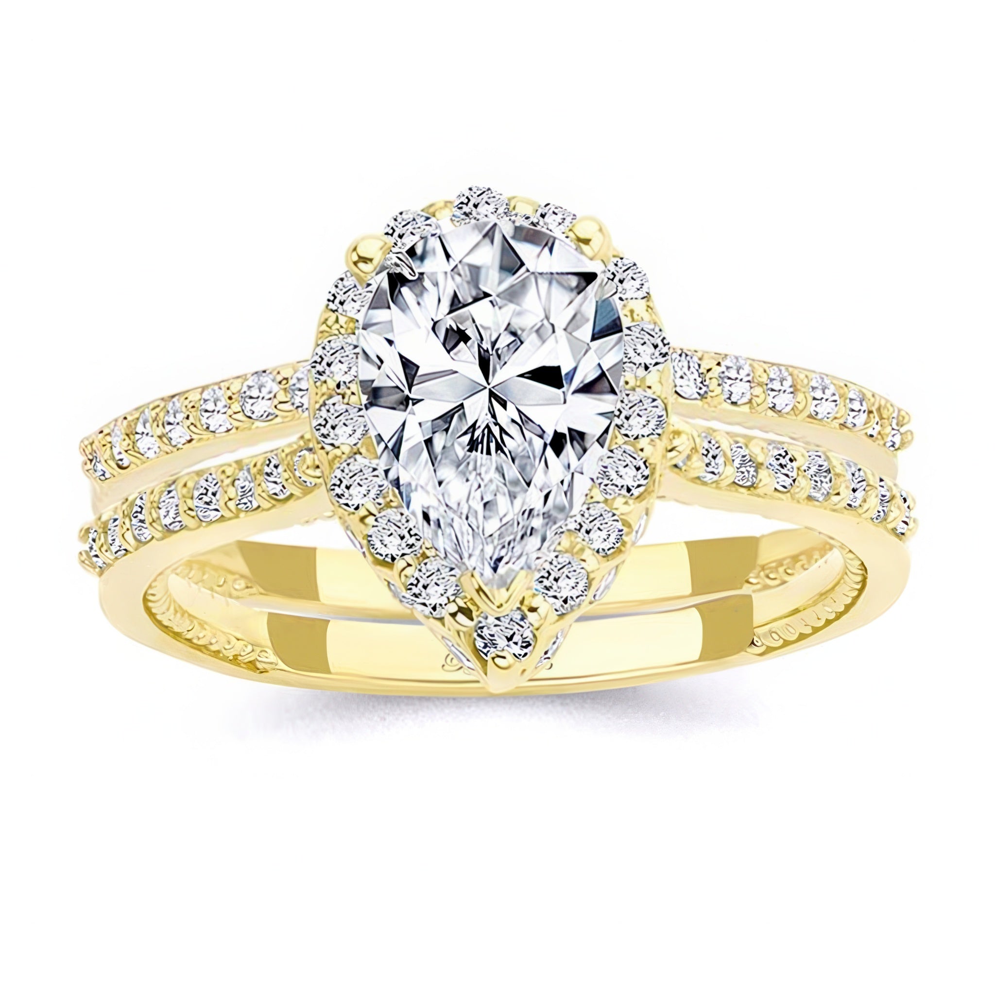 2 Carat Pear Shaped Moissanite Halo Ring Set