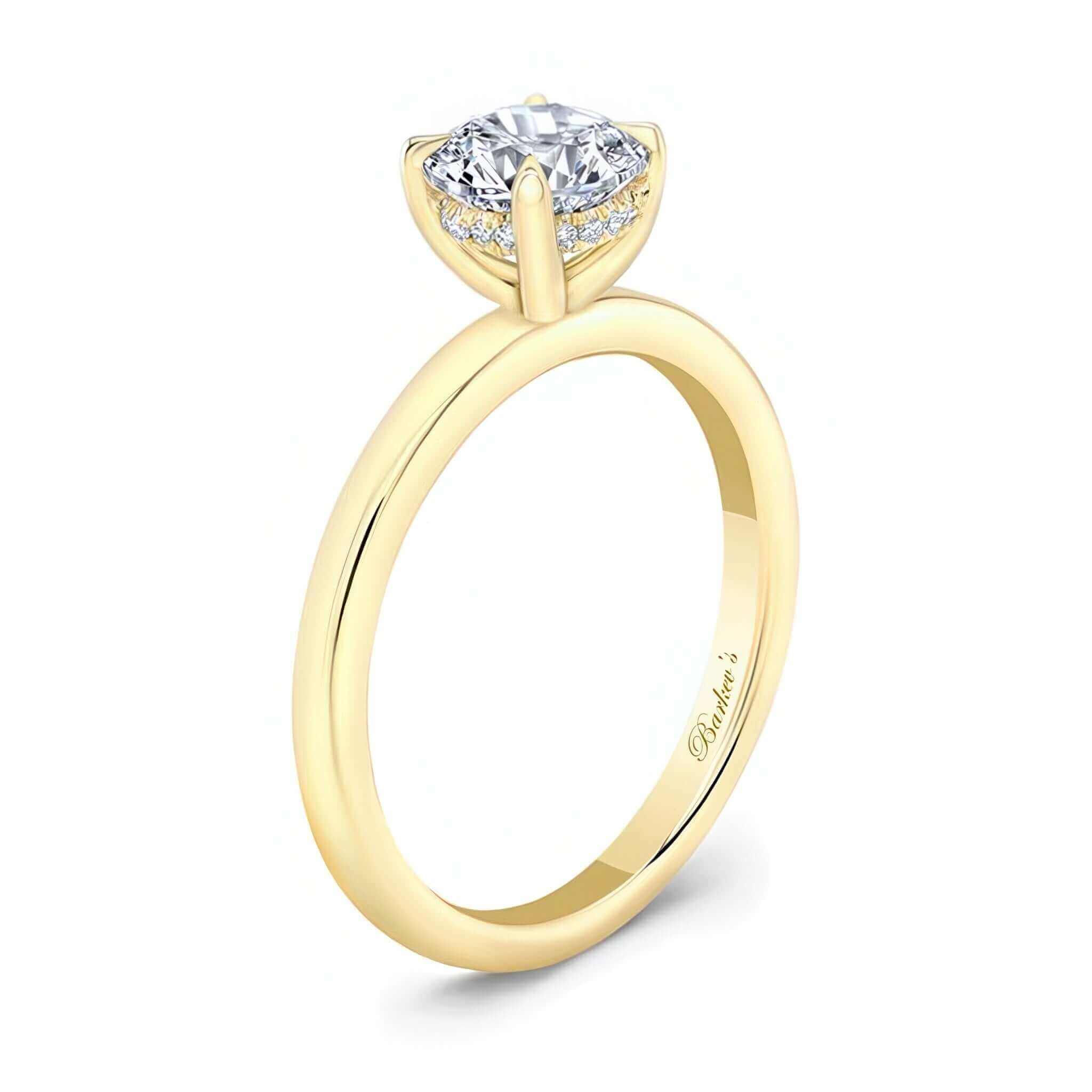 Micro Pave Hidden Halo Moissanite Ring with round center and diamond halo in a yellow gold setting.