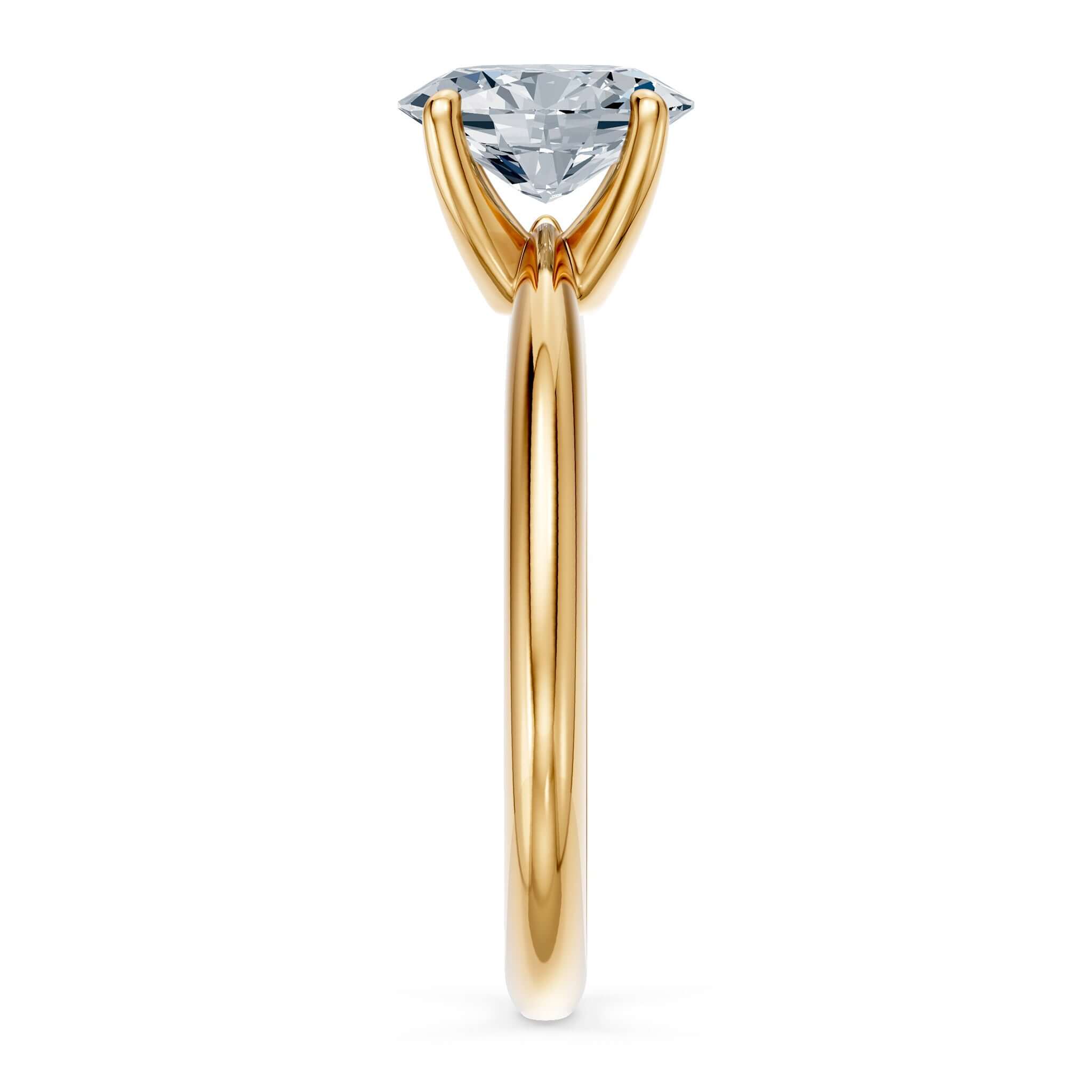 1 Carat Oval Solitaire Diamond Ring in a prong setting with shiny gold shank for elegant comfort fit.