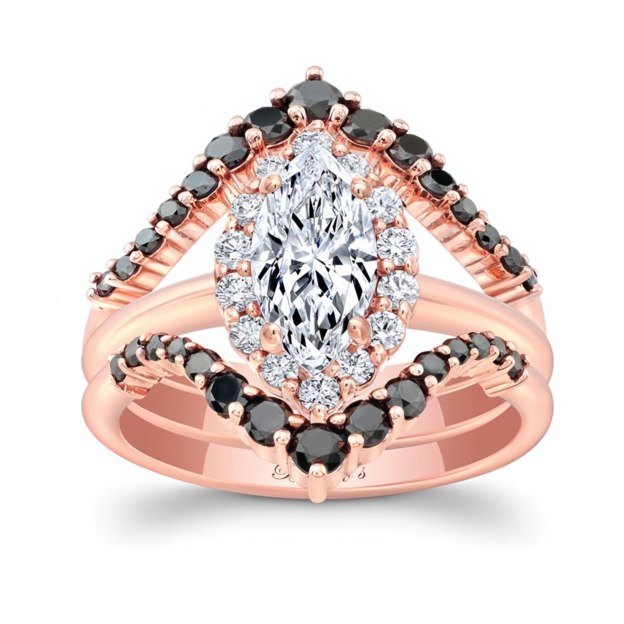 Marquise Cut Moissanite Wedding Set With 2 Black Diamond Bands