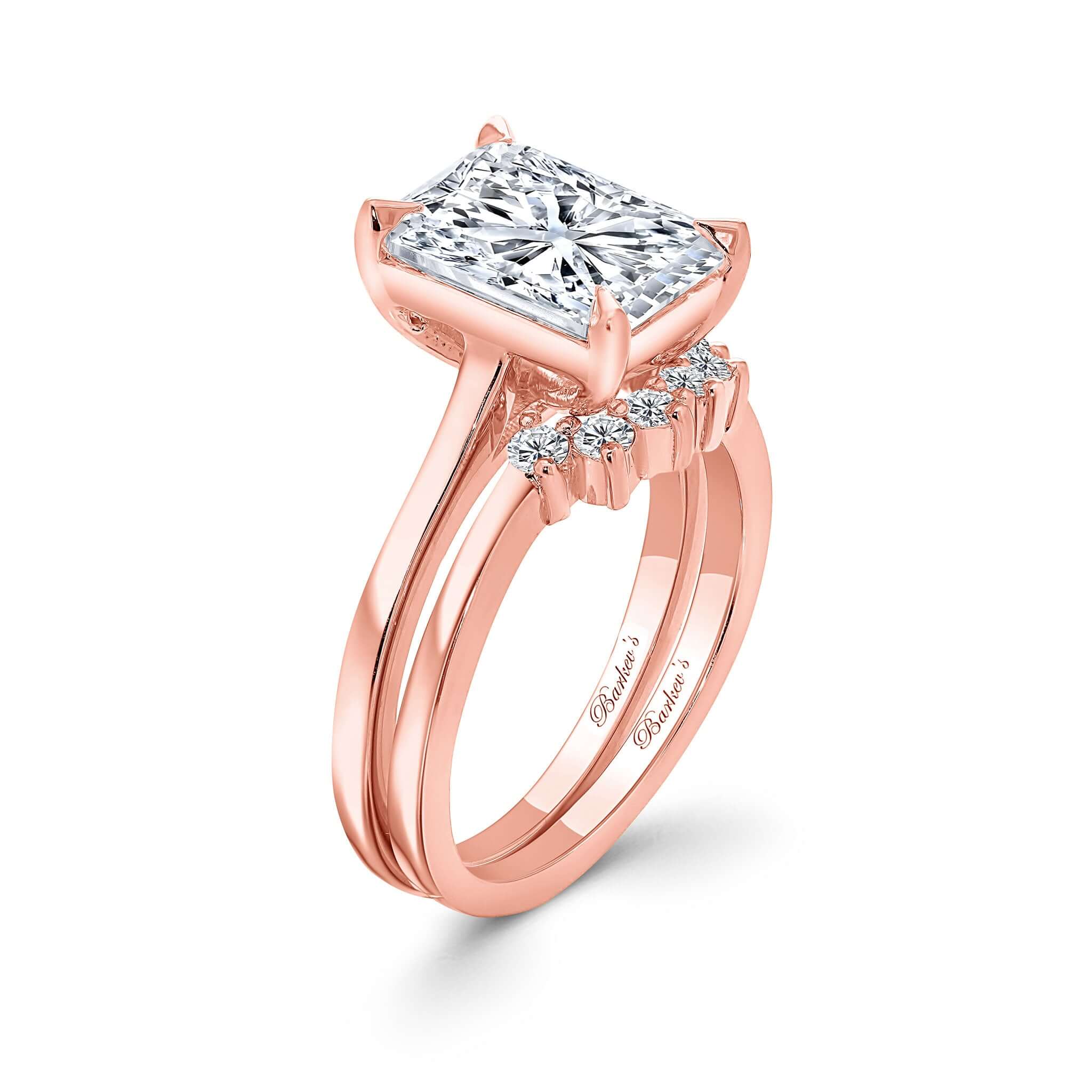 2 Carat Radiant Moissanite Bridal Set featuring a sparkling centerpiece and diamond wedding band in rose gold.