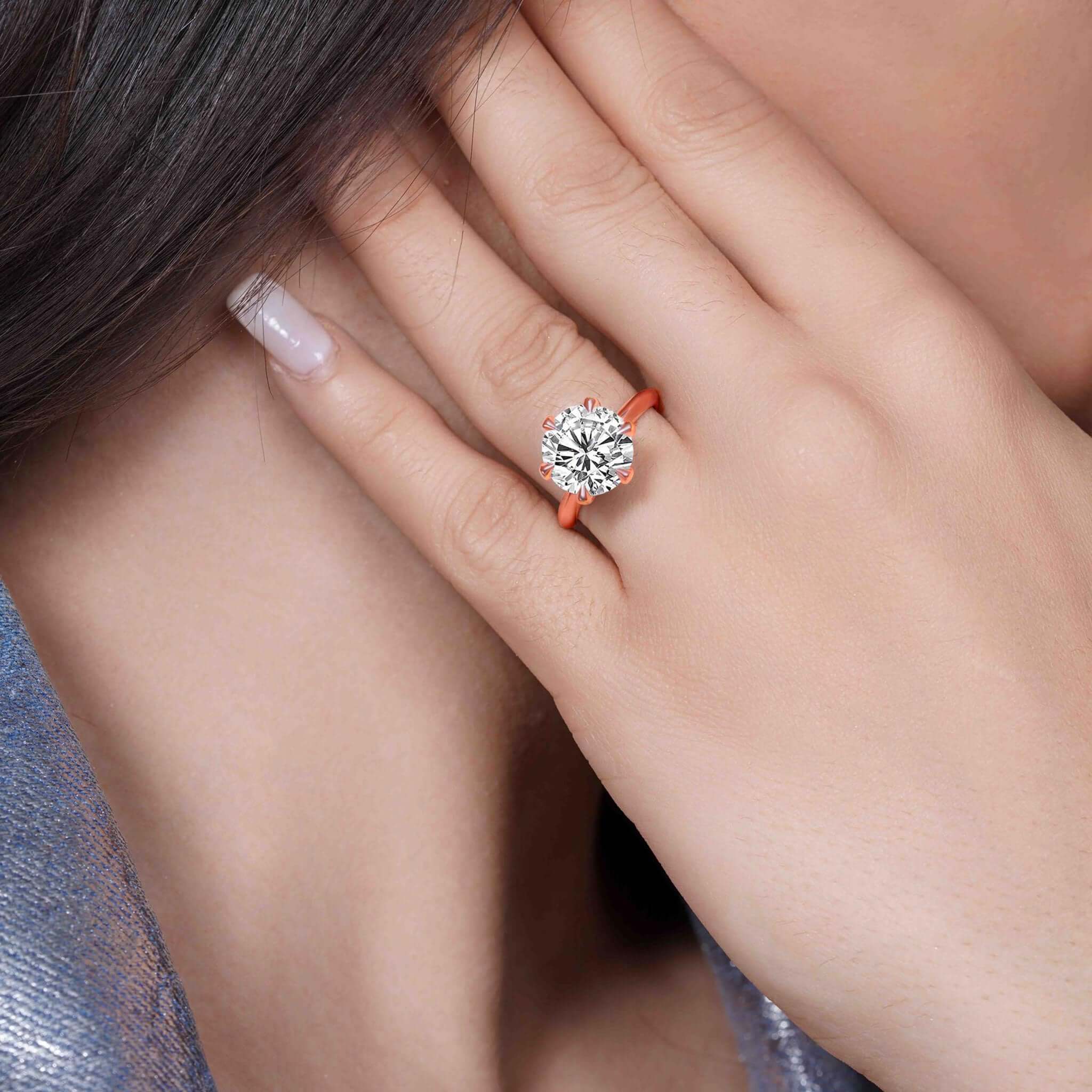 5 Carat Round Diamond 6 Prong Solitaire Ring on a hand, showcasing its brilliance and stylish elegance.