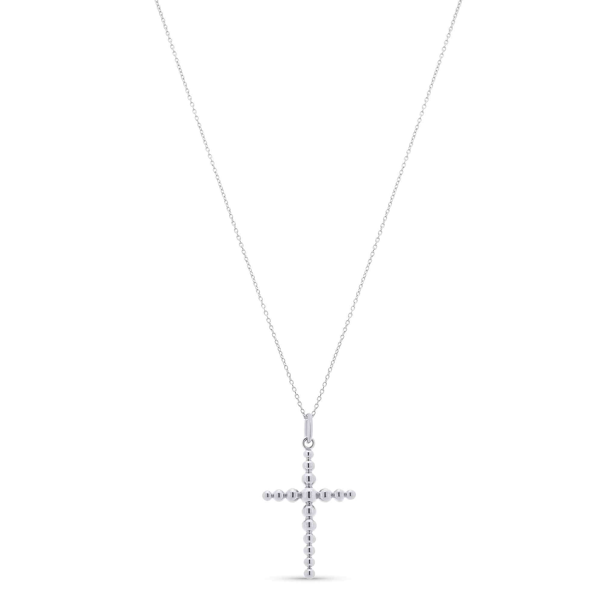 Beaded Cross Necklace featuring polished bead-shaped links on a delicate rolo chain in 14k solid white gold