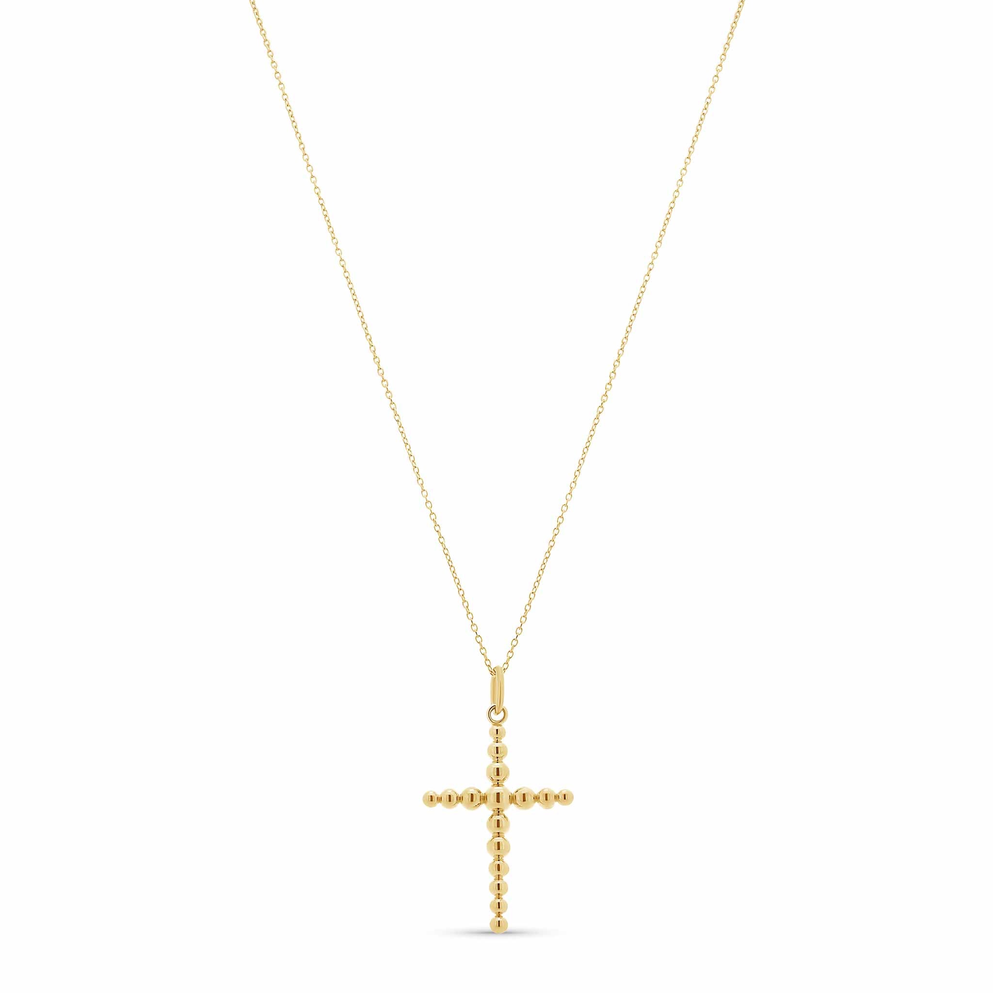 Beaded Cross Necklace crafted from 14k solid gold with polished bead links and an adjustable 16-18 inch chain.