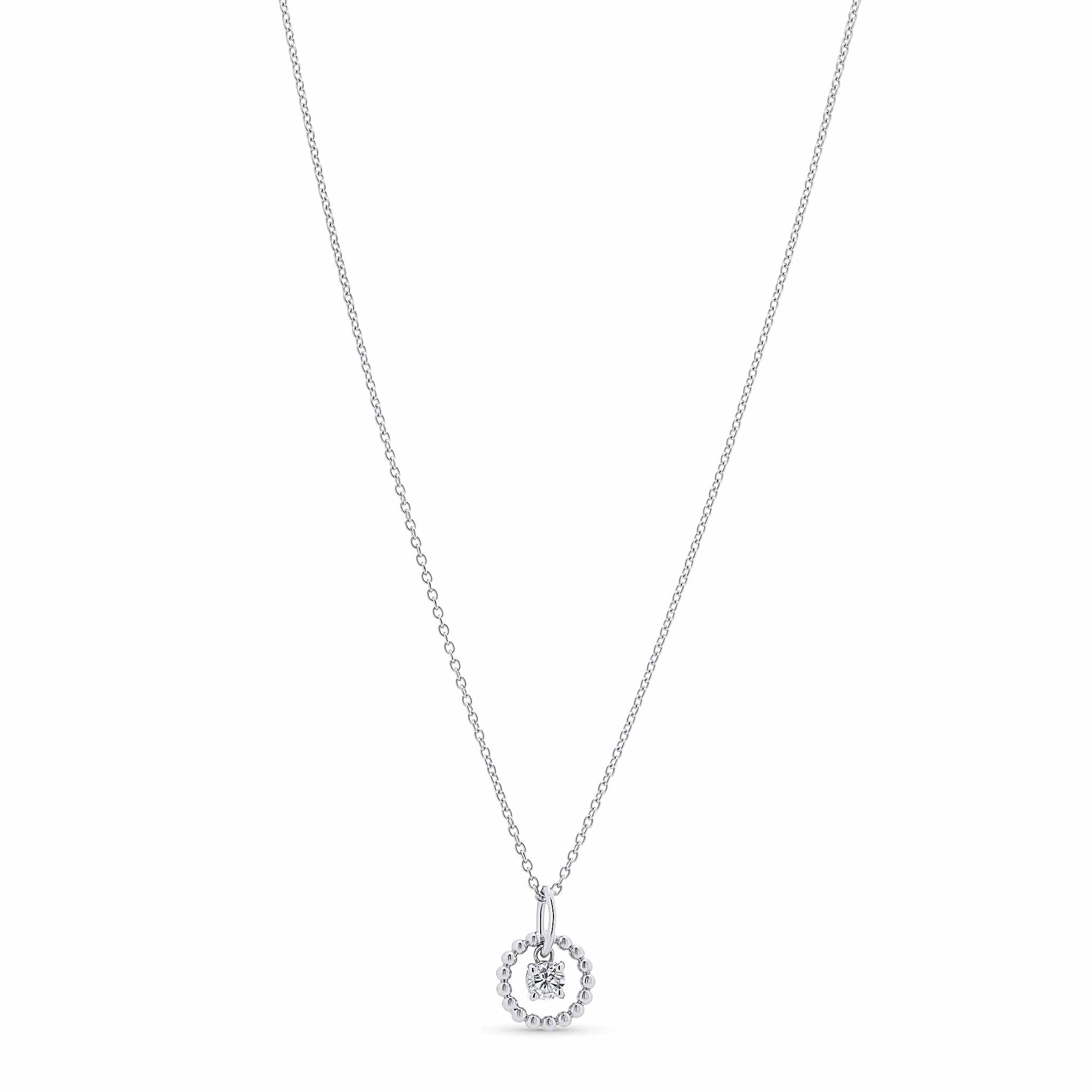 Gold beaded necklace featuring a lab grown diamond pendant attached by a ring bail on a white background.