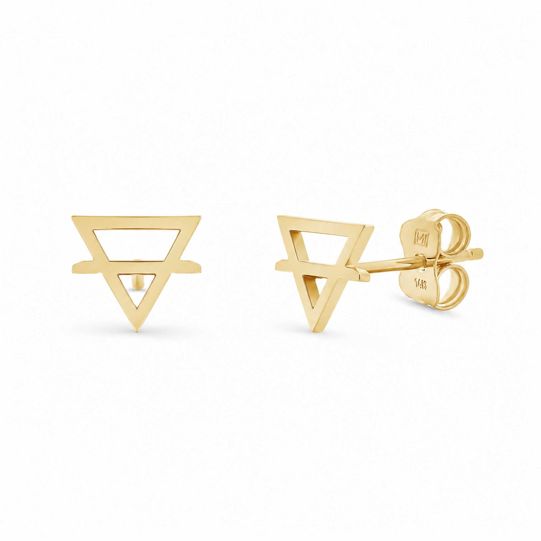 Gold triangle - earth alchmey symbol - stud earrings on a white background