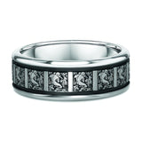 Men's 8mm White Gold Engraved Figures Wedding Band featuring intricate engravings and polished accents.